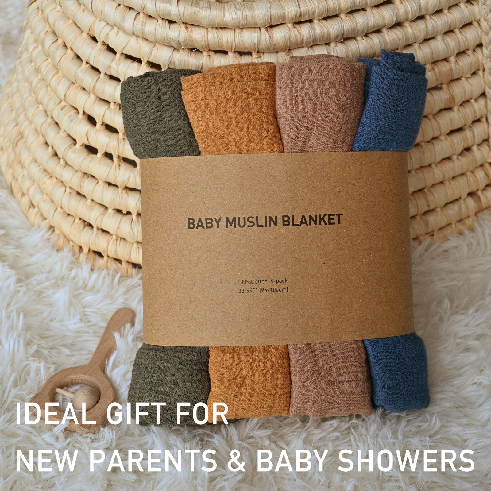 Muslin Swaddle Blankets 4-Pack, 38"x40" - Fern