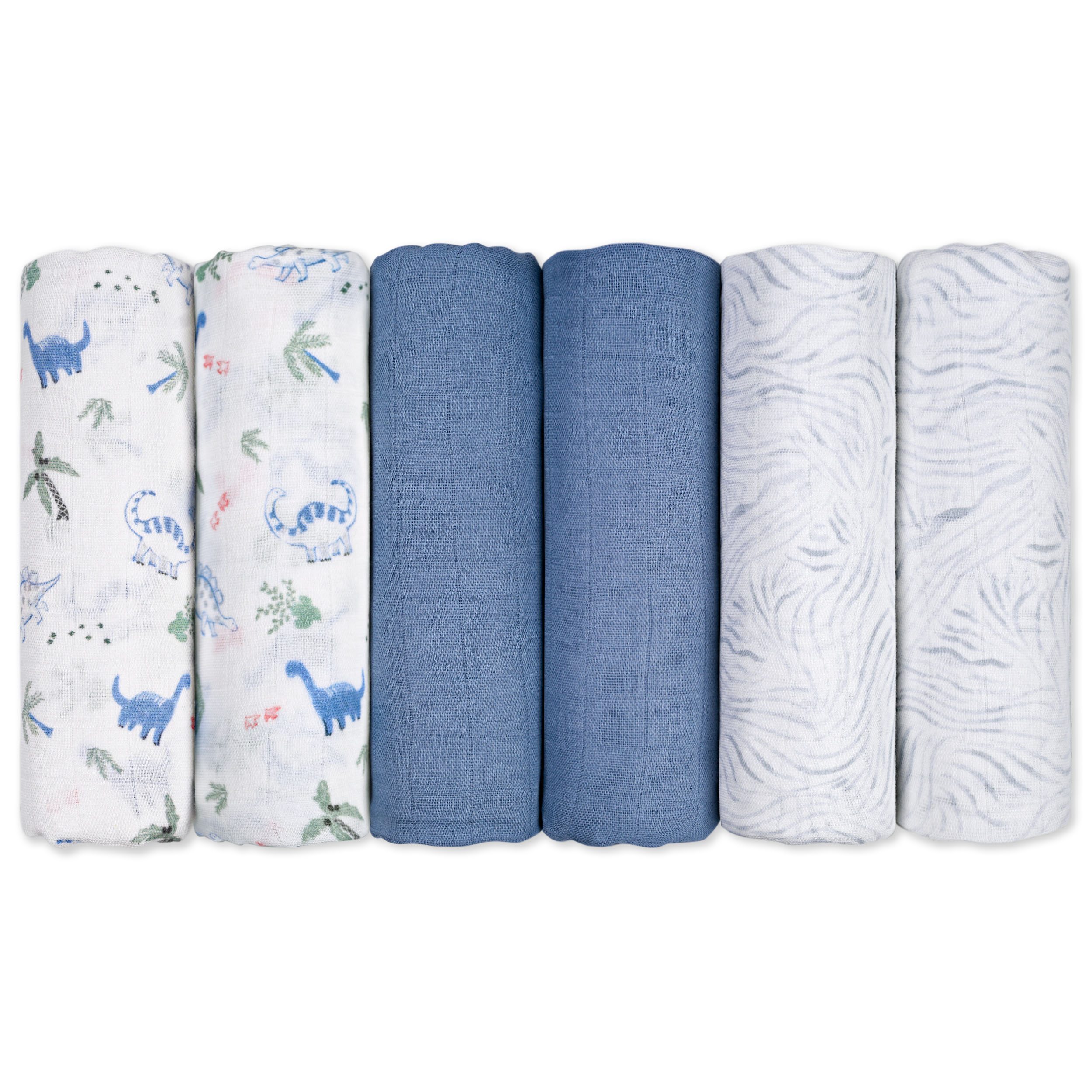 Muslin Swaddle Blankets 6-Pack | 27x27" | Little Dino's Blue Forest