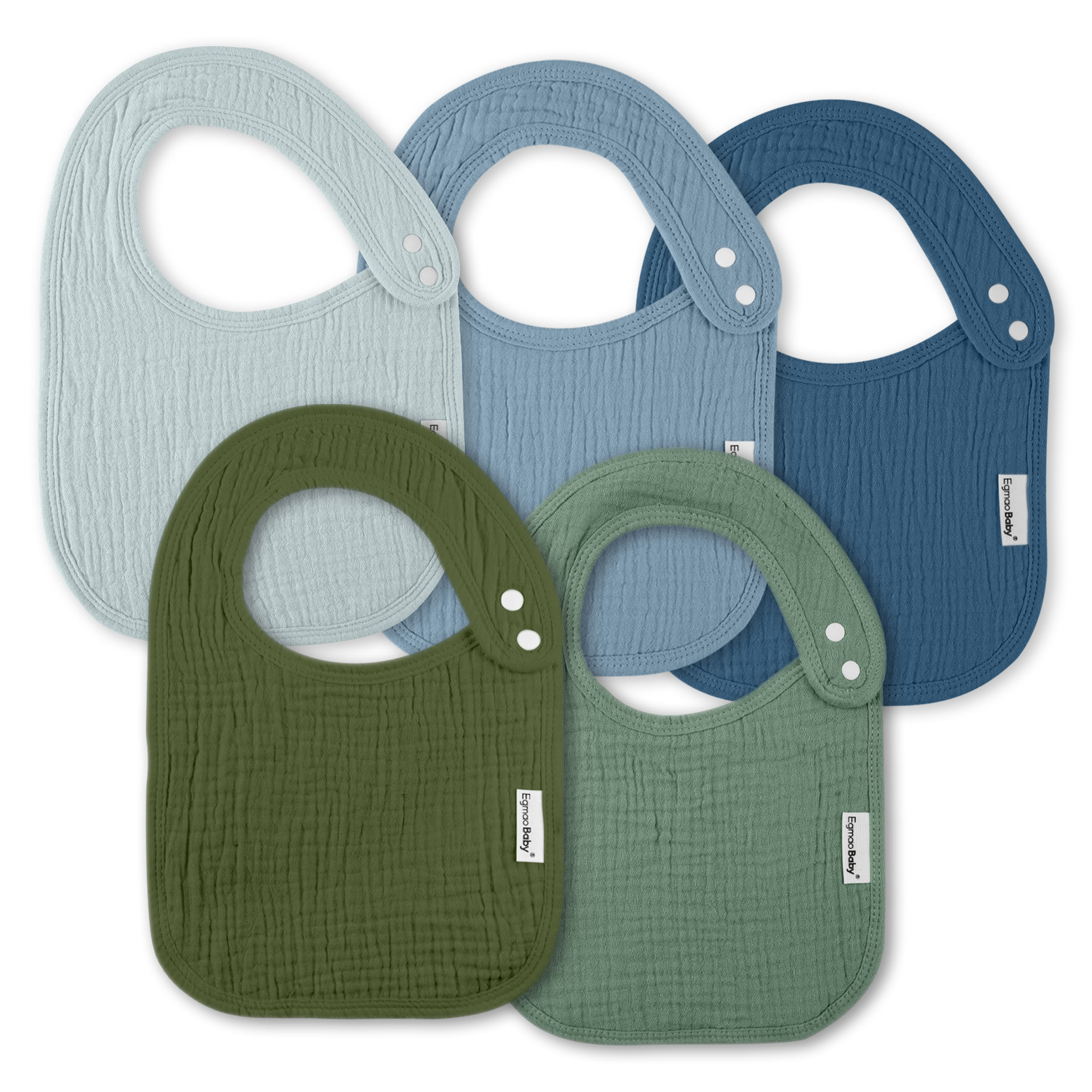 Neutral Sage and Blue | baby muslin bibs 5 pack | 0-36 months
