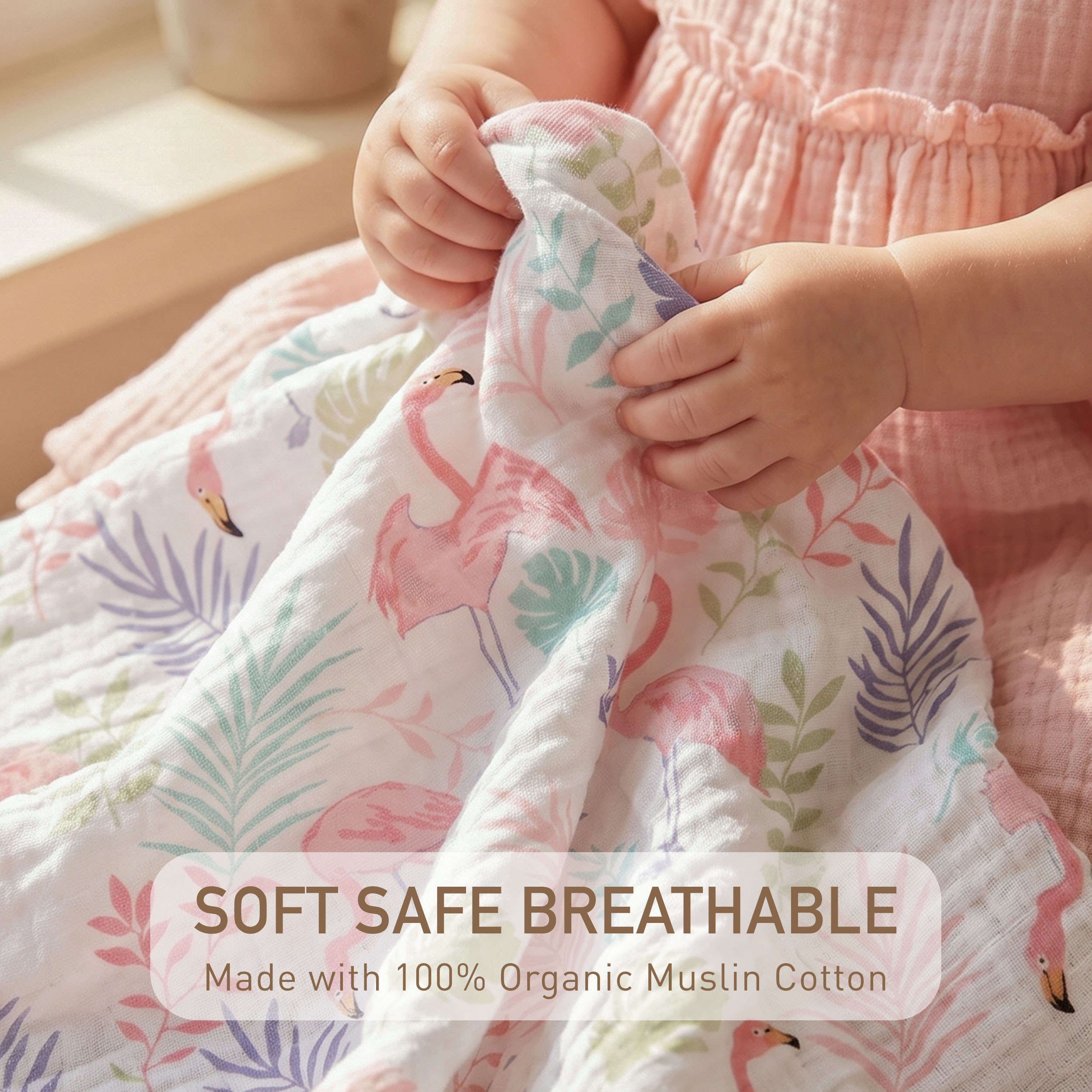Muslin Swaddle Blankets 3-Pack | 38"x40" | Pink Flamingo Palm