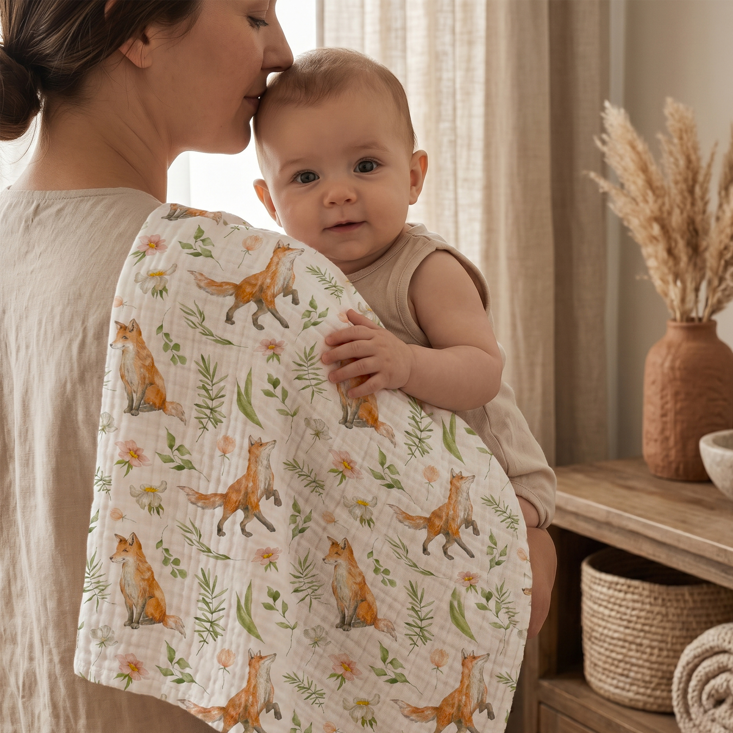 Muslin Swaddle Blankets 5-Pack, 23.5"x23.5" - Forest Fox Meadow