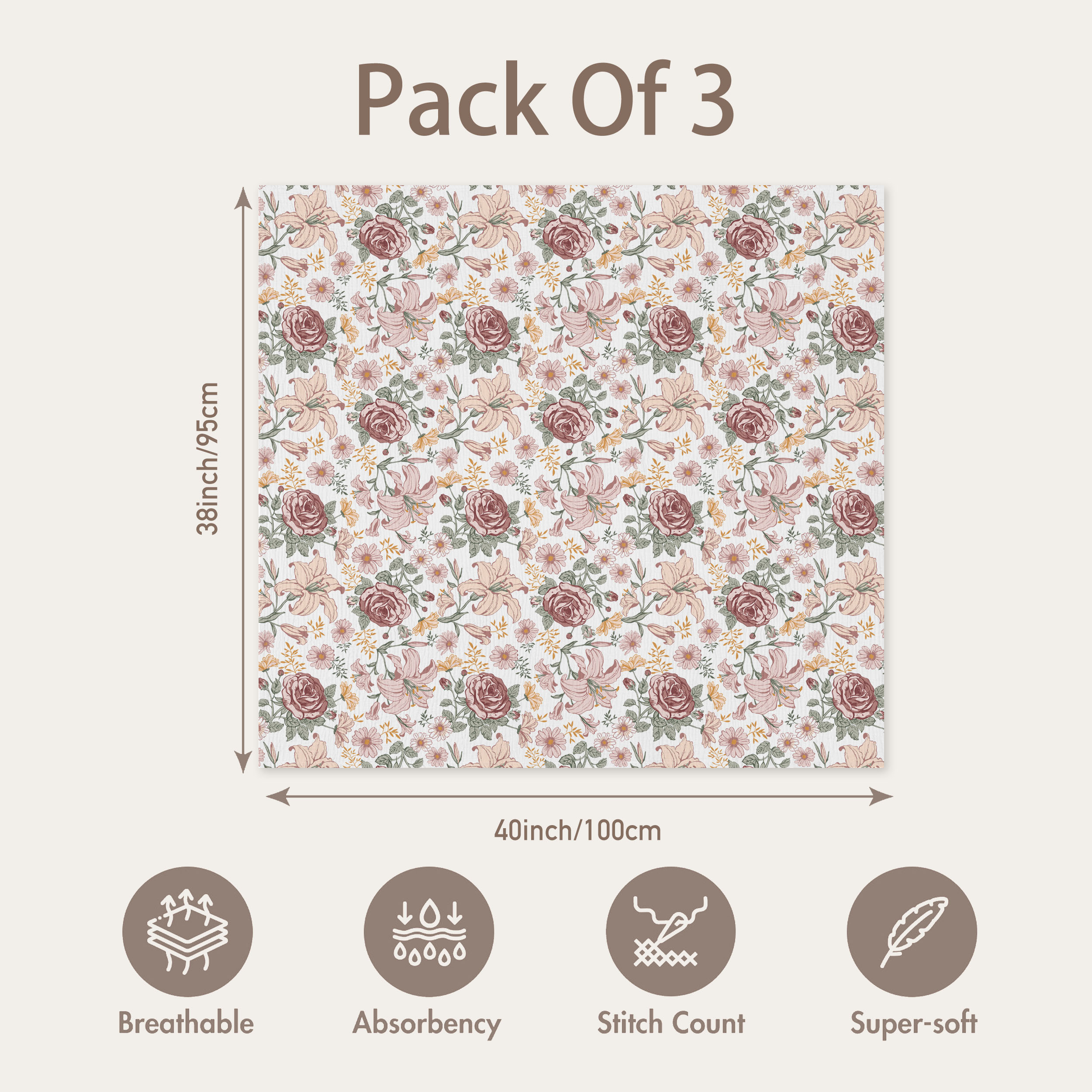 Muslin Swaddle Blankets 3-Pack | 38"x40" | Vintage Rose Serenade