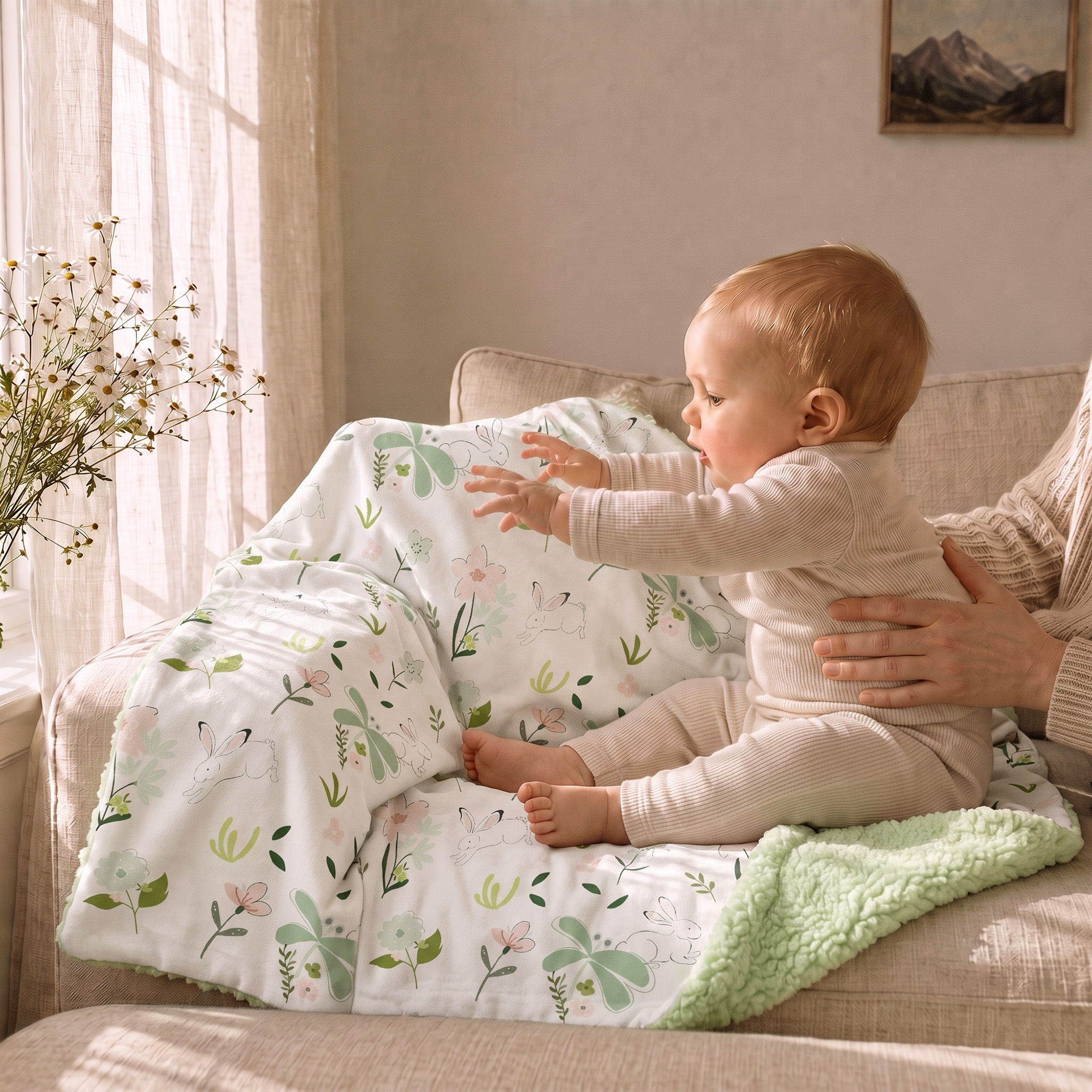 Sage Bunny Bloom | plush baby blanket | 30''*36''
