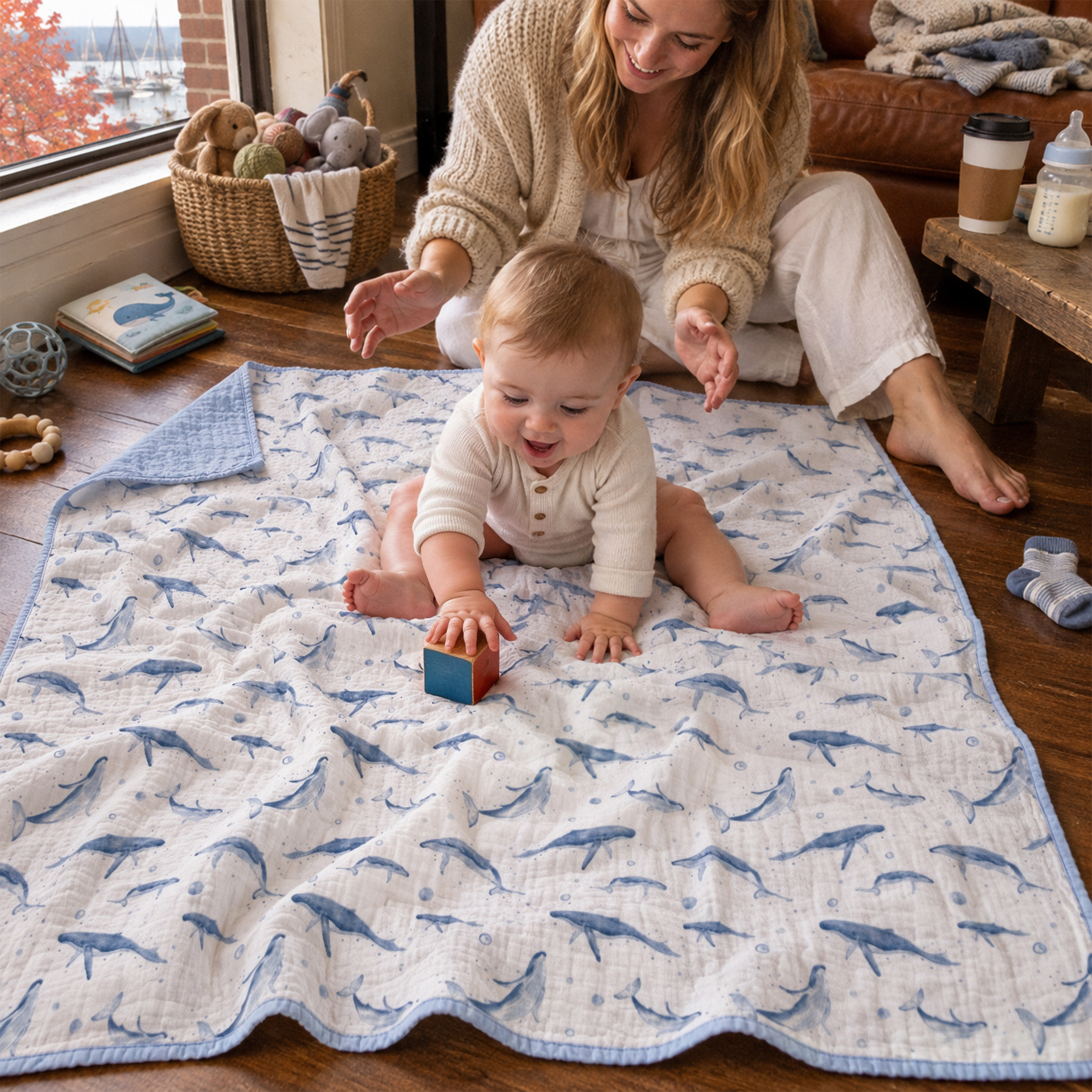 Muslin Swaddle Blankets 1-Pack | 31.5x43.3" | Blue Whale Splash
