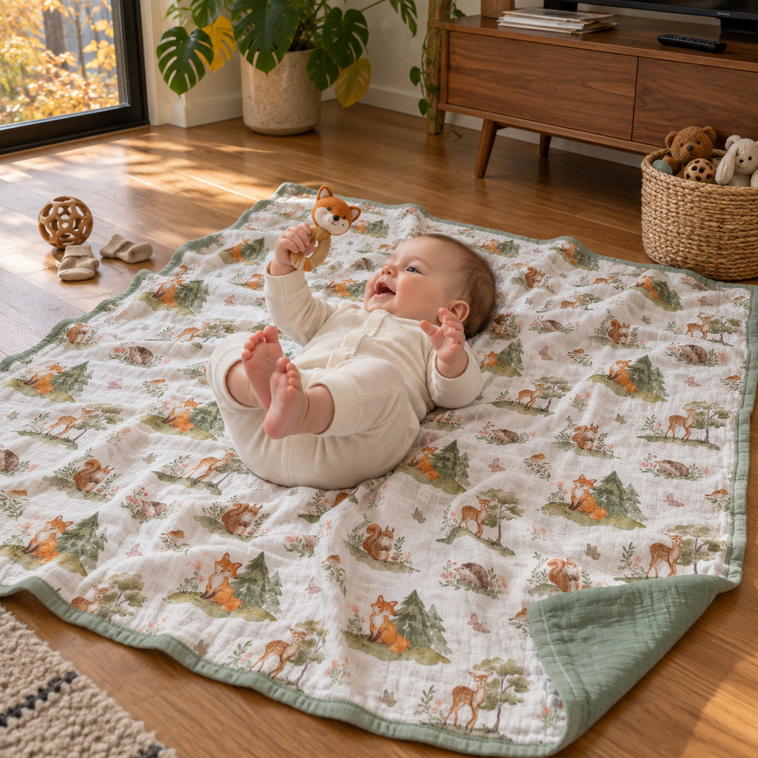 Muslin Swaddle Blankets 1-Pack | 31.5x43.3" | Green Forest Fox