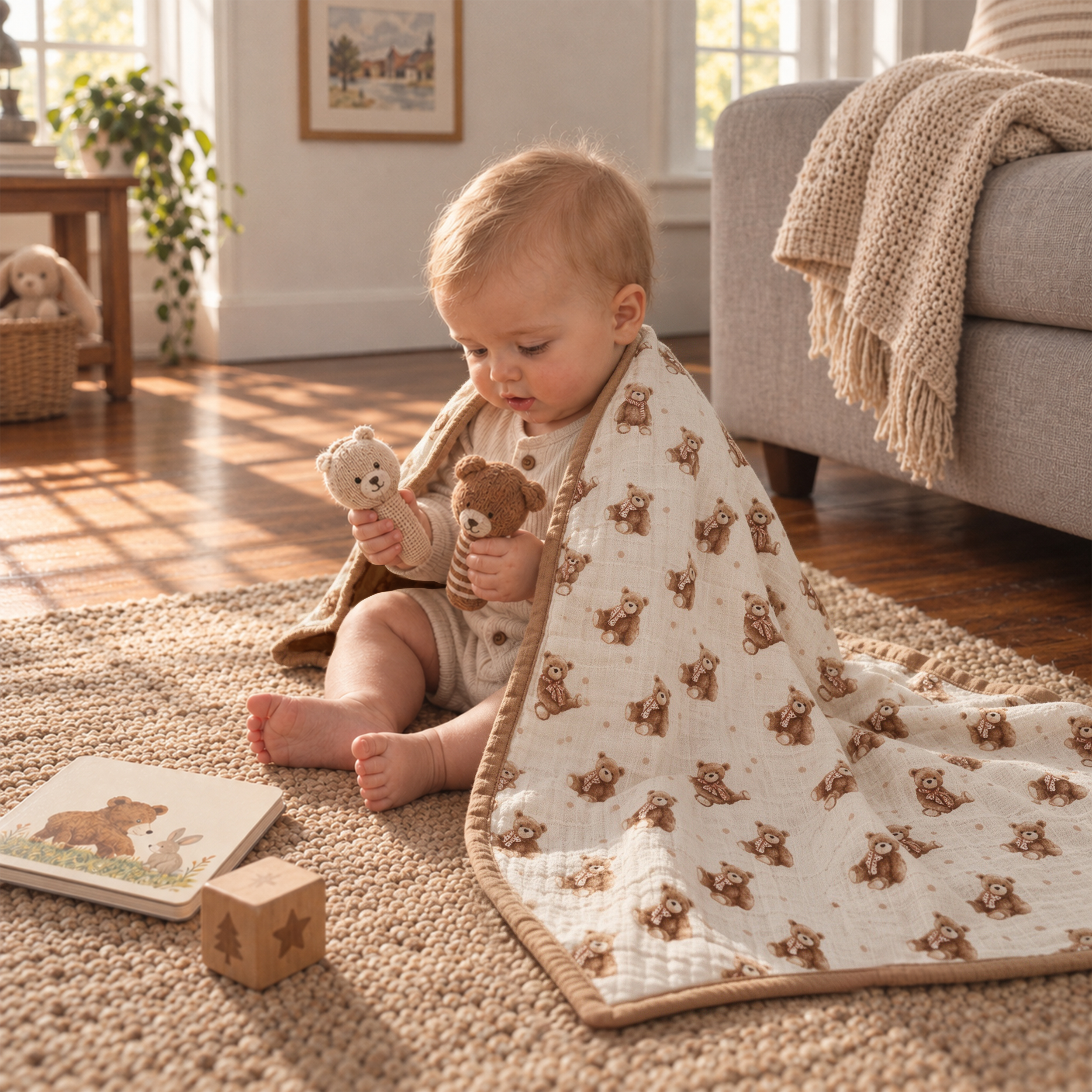 Muslin Swaddle Blankets 1-Pack | 31.5x43.3" | Creamy Ribbon Teddy