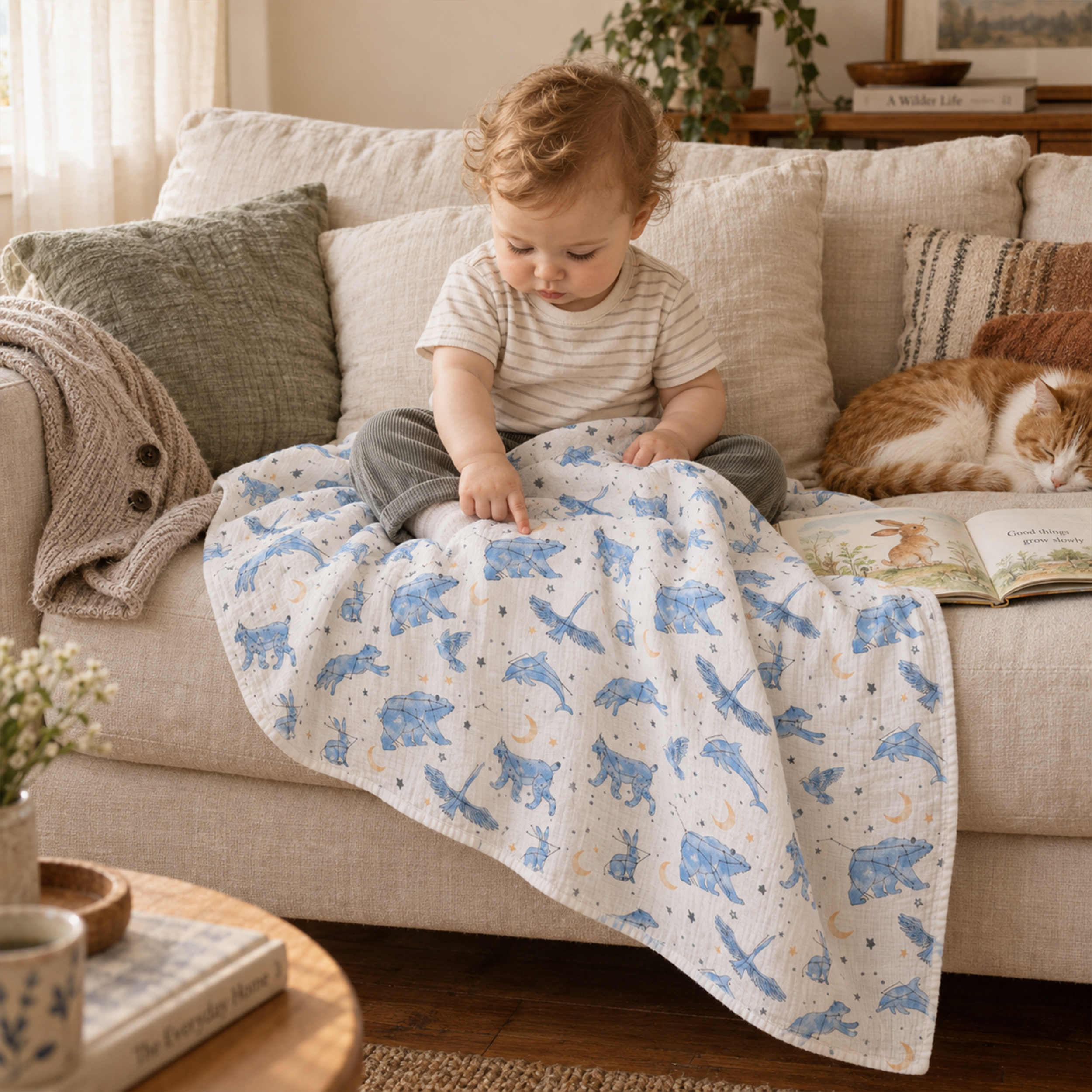 Muslin Swaddle Blankets 3-Pack | 38"x40" | Blue Star & Bear