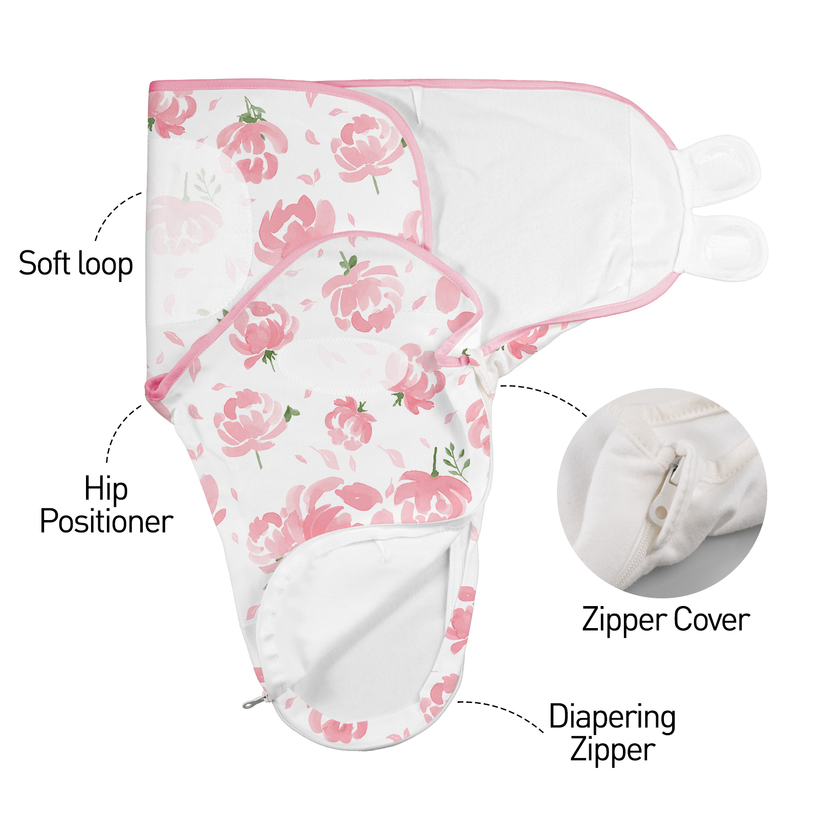 Pink Floral  | Zipper Swaddle Wrap 0-3 Months 3 Pack