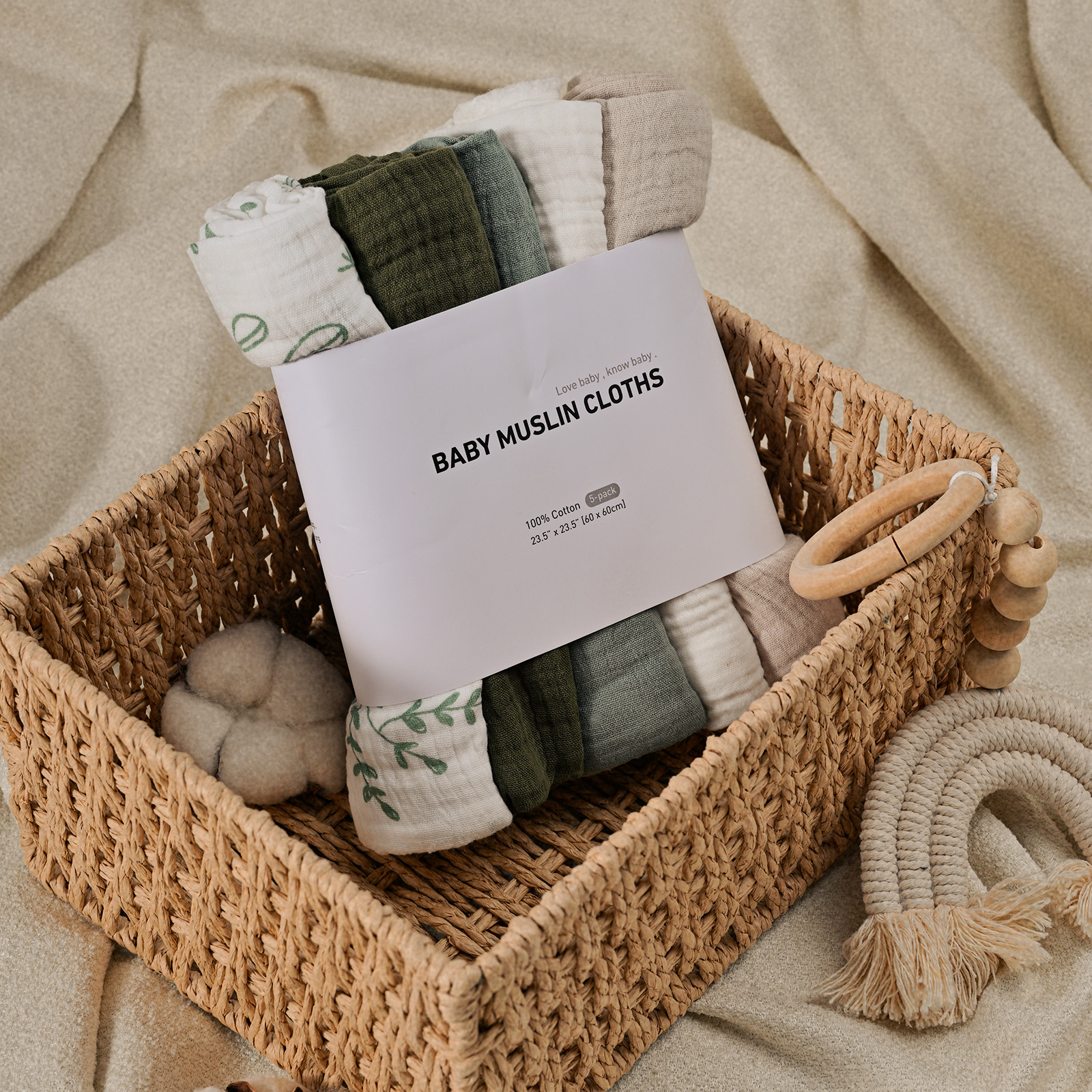 Muslin Swaddle Blankets 5-Pack, 23.5"x23.5" - Eucalyptus 