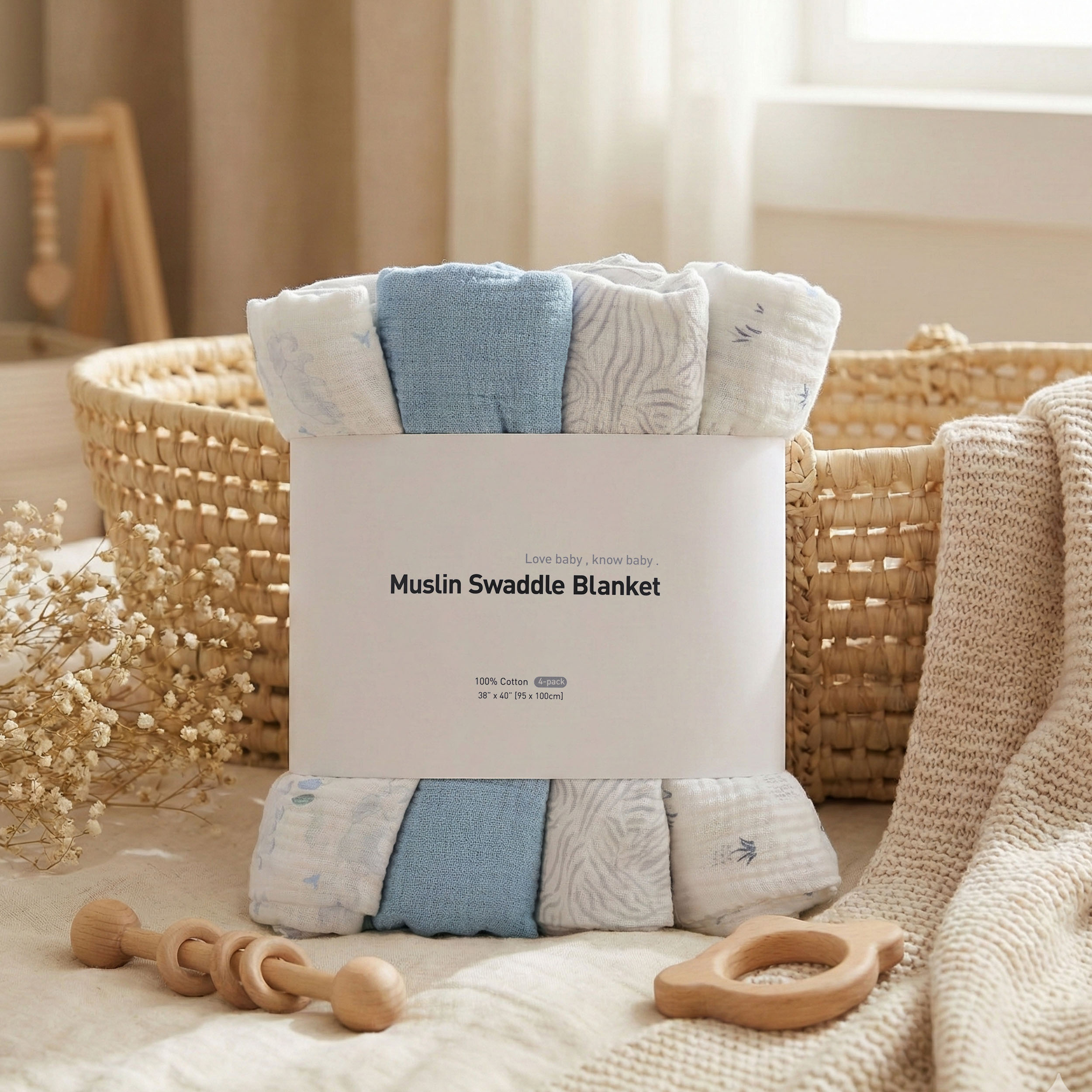 Muslin Swaddle Blankets 4-Pack | 38x40" | Bounce in the Blue