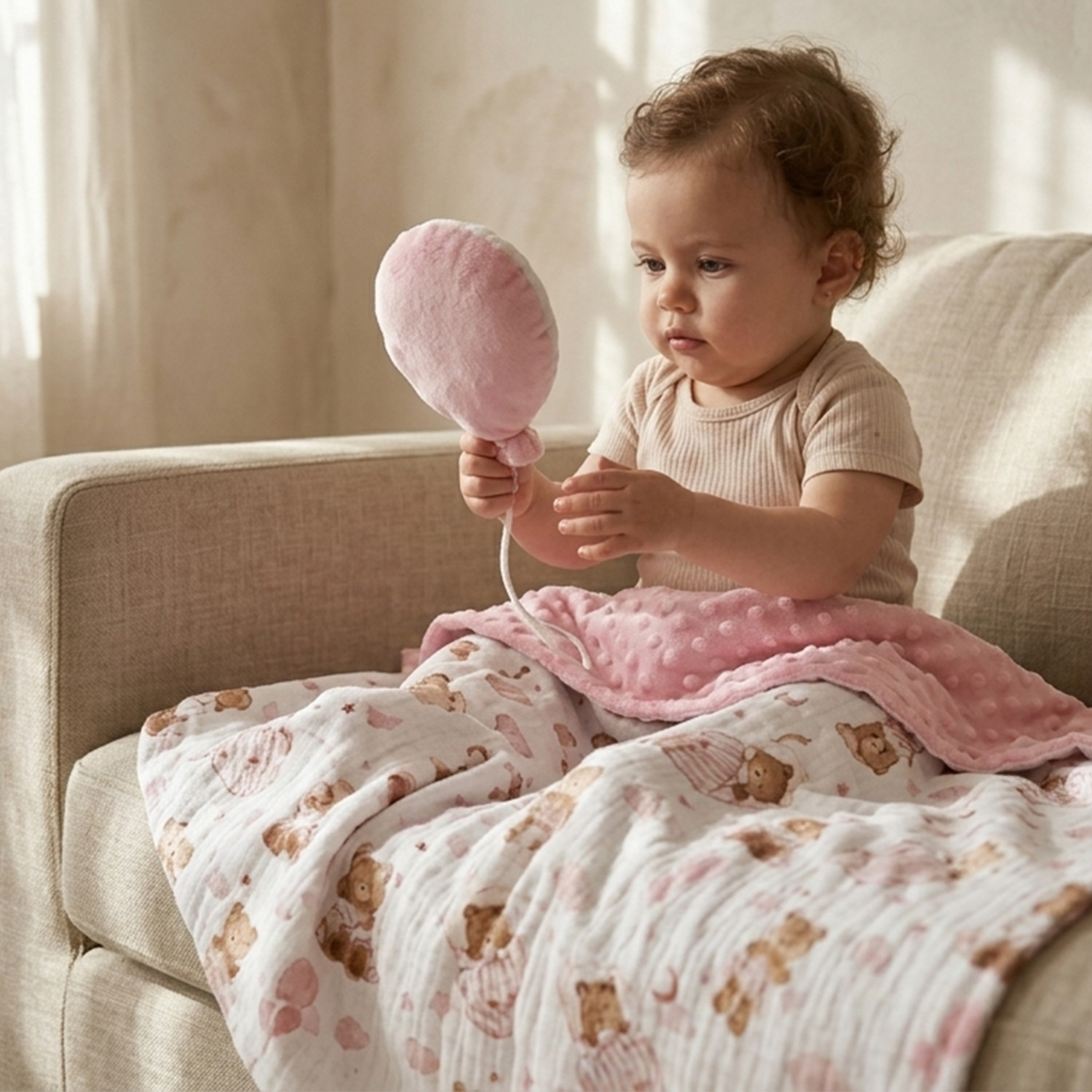 Blush Bear Slumber | Muslin and Fleece Plush Dot Blanket | 30''*40''