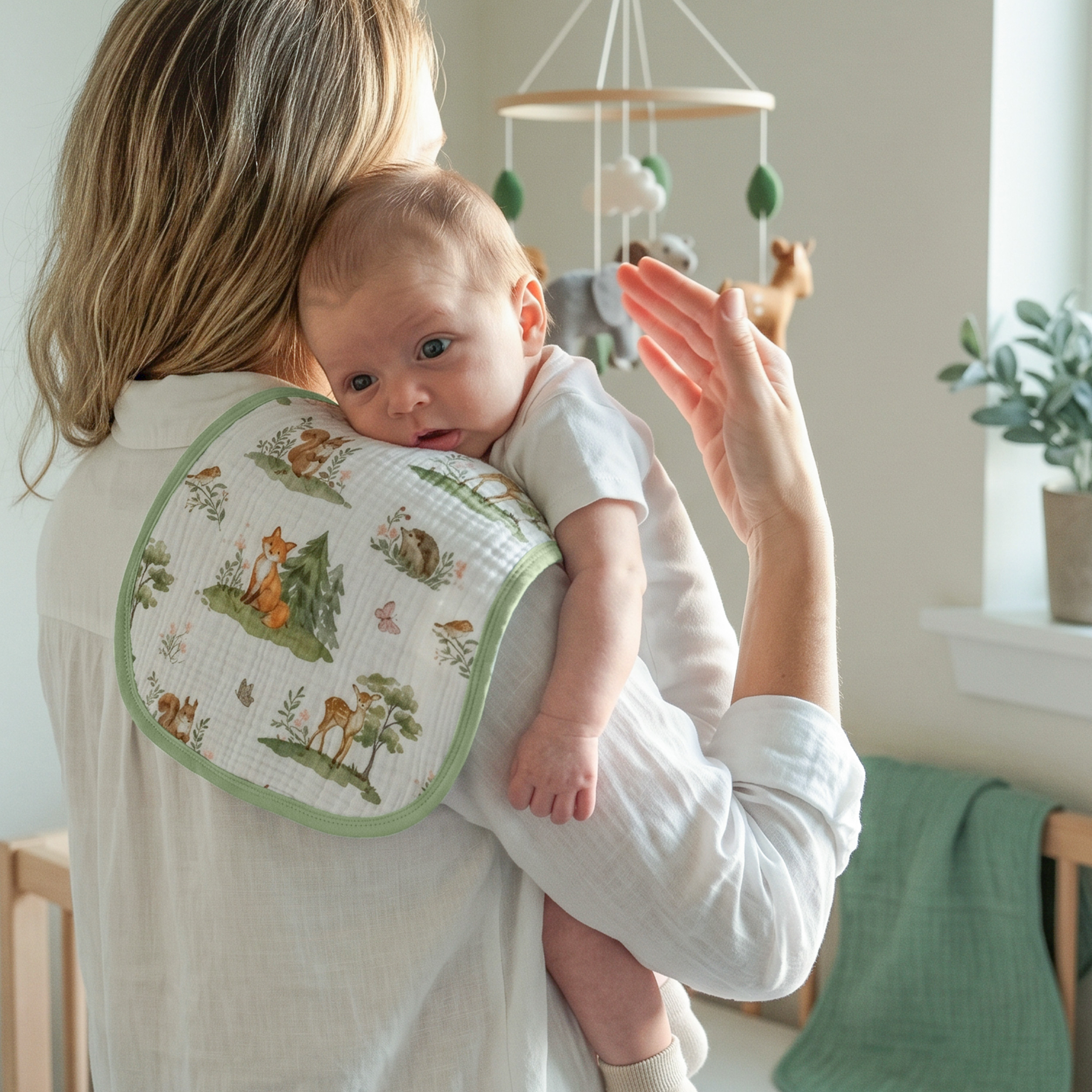 Organic Muslin Cotton Burp Cloths 6 Pack -  Green Forest Fox