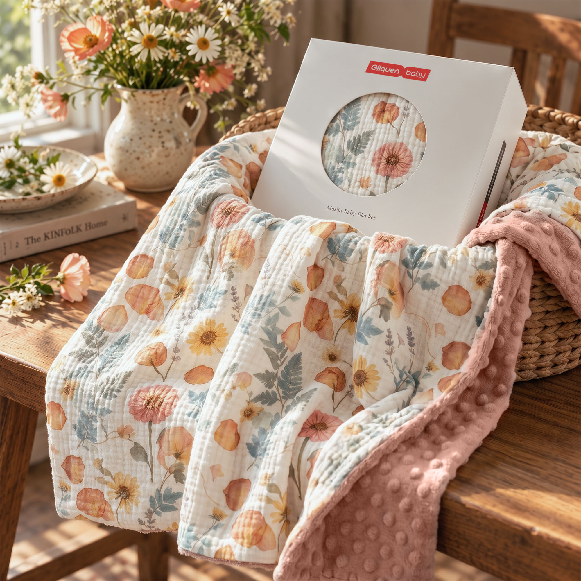 Amber Pressed Flower | Muslin and Fleece Plush Dot Blanket | 30''*40''