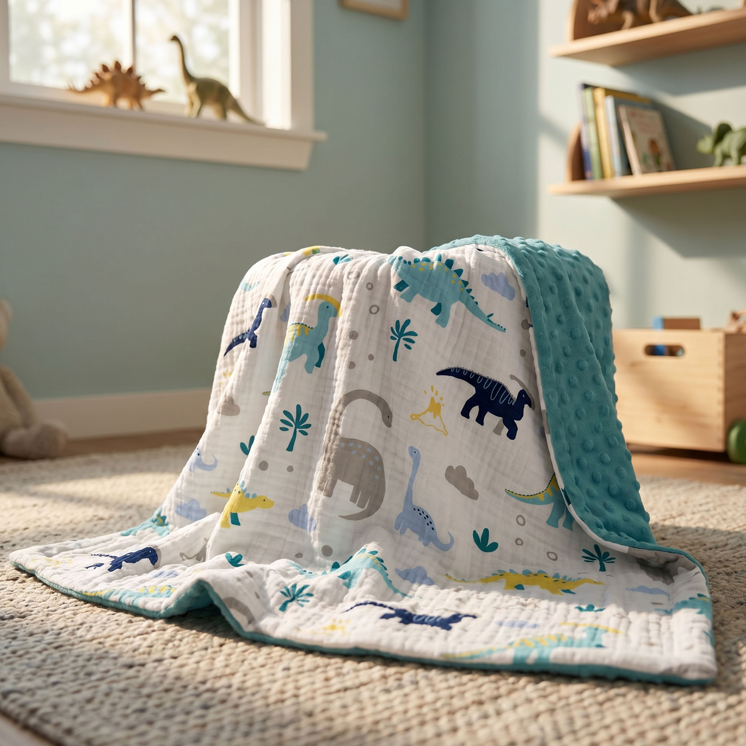 Tropical Dino  Print | Muslin and Fleece Plush Dot Blanket | 30''*40''