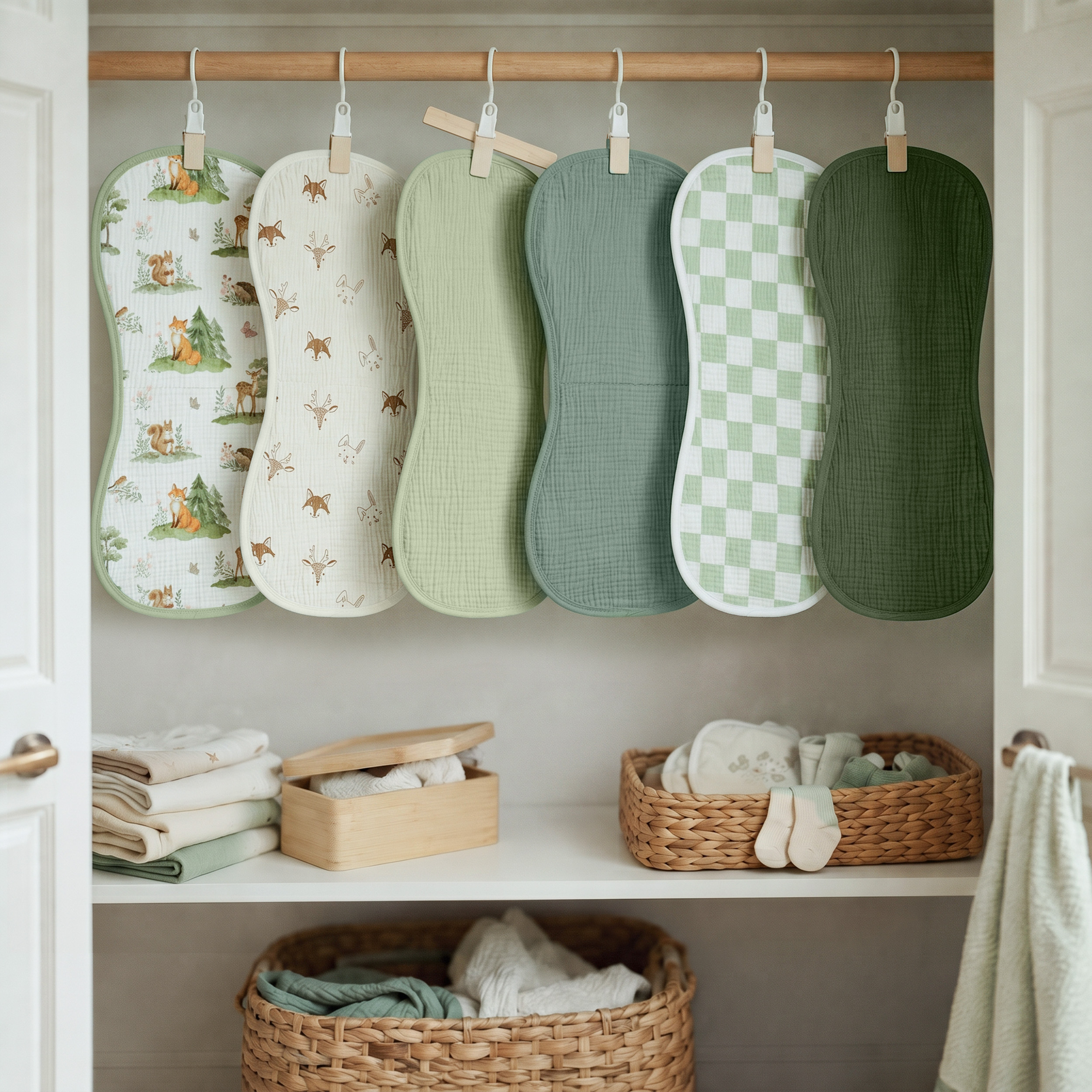 Organic Muslin Cotton Burp Cloths 6 Pack -  Green Forest Fox