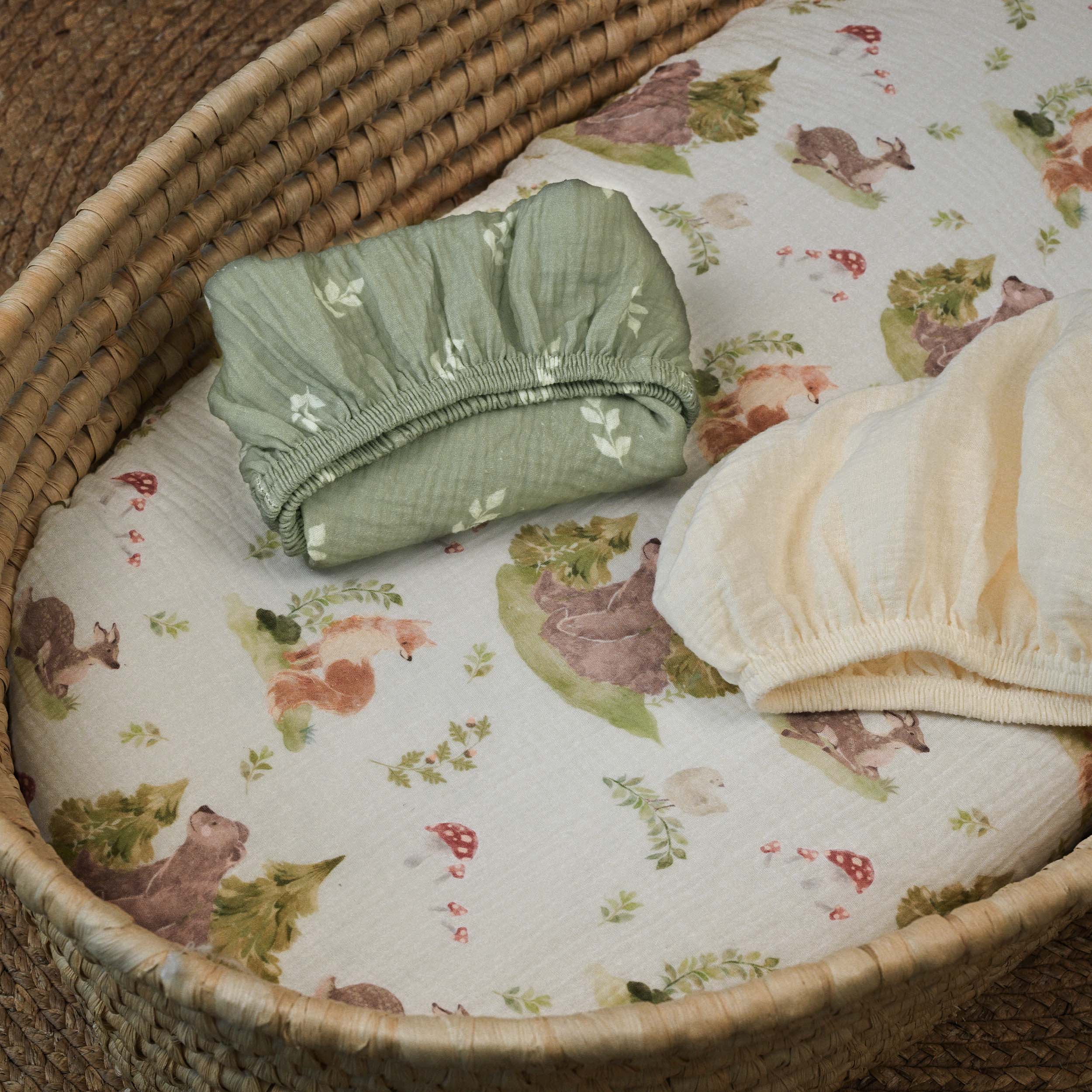 Fern & Woodland Pals | Muslin Bassinet Sheets 3-Pack | 33''*17''