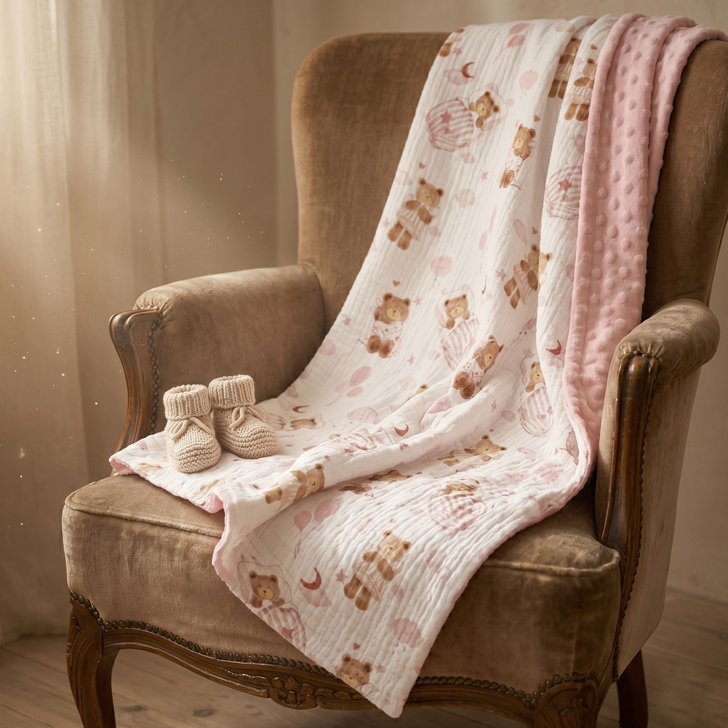 Blush Bear Slumber | Muslin and Fleece Plush Dot Blanket | 30''*40''