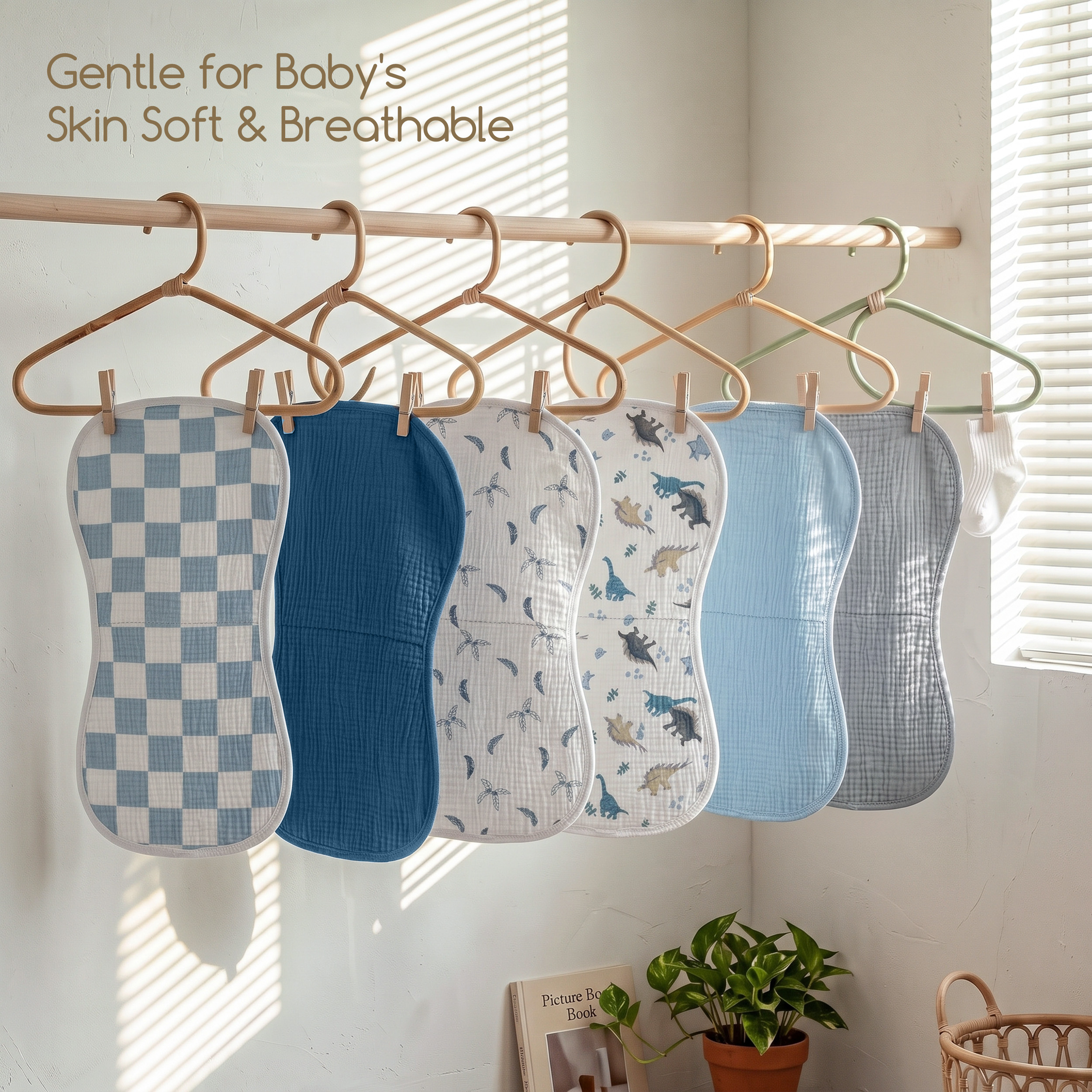 Organic Muslin Cotton Burp Cloths 6 Pack -  Blue Dino Mix