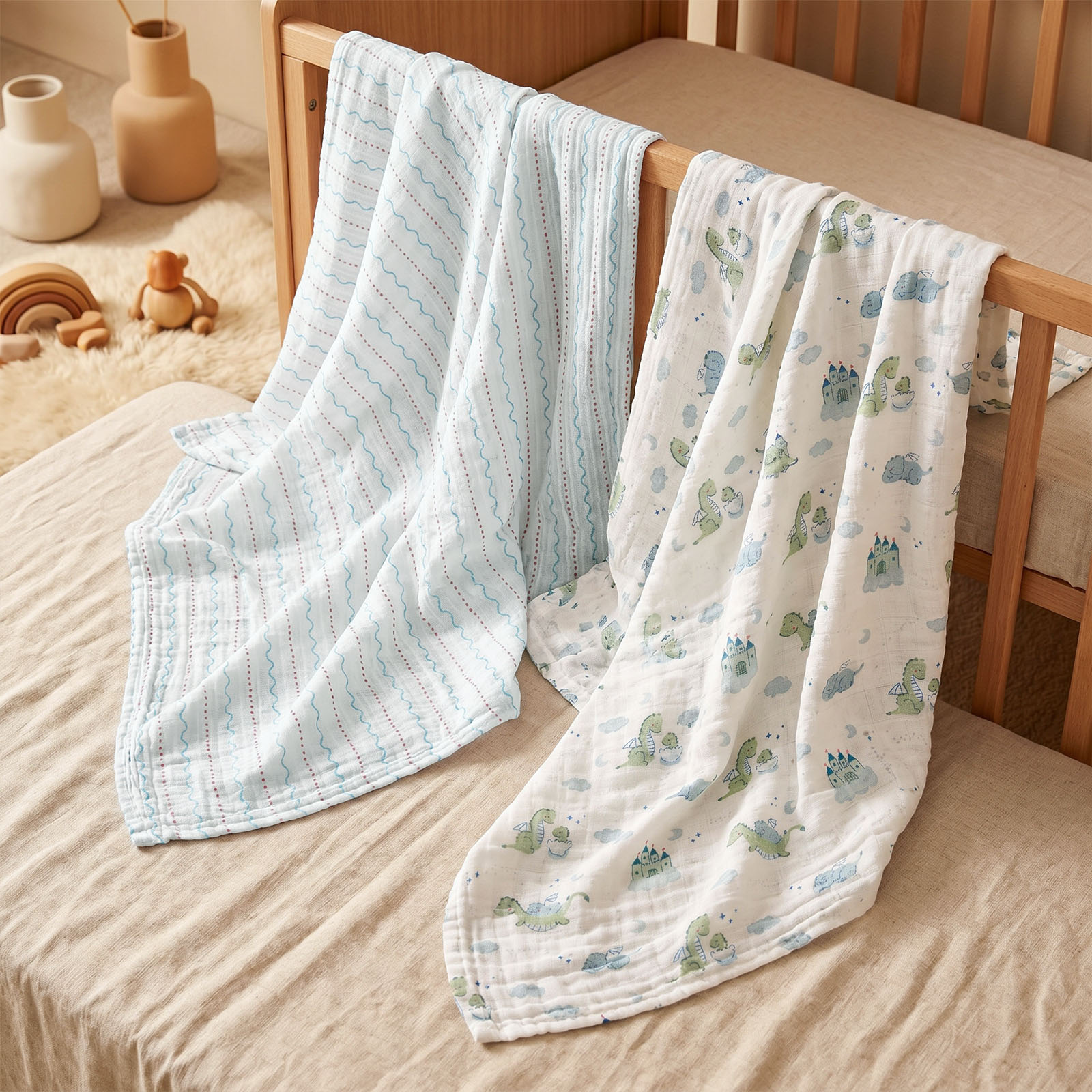 Muslin Swaddle Blankets 4-Pack | 31.5x43.3" | Fairytale Dragon and Castle