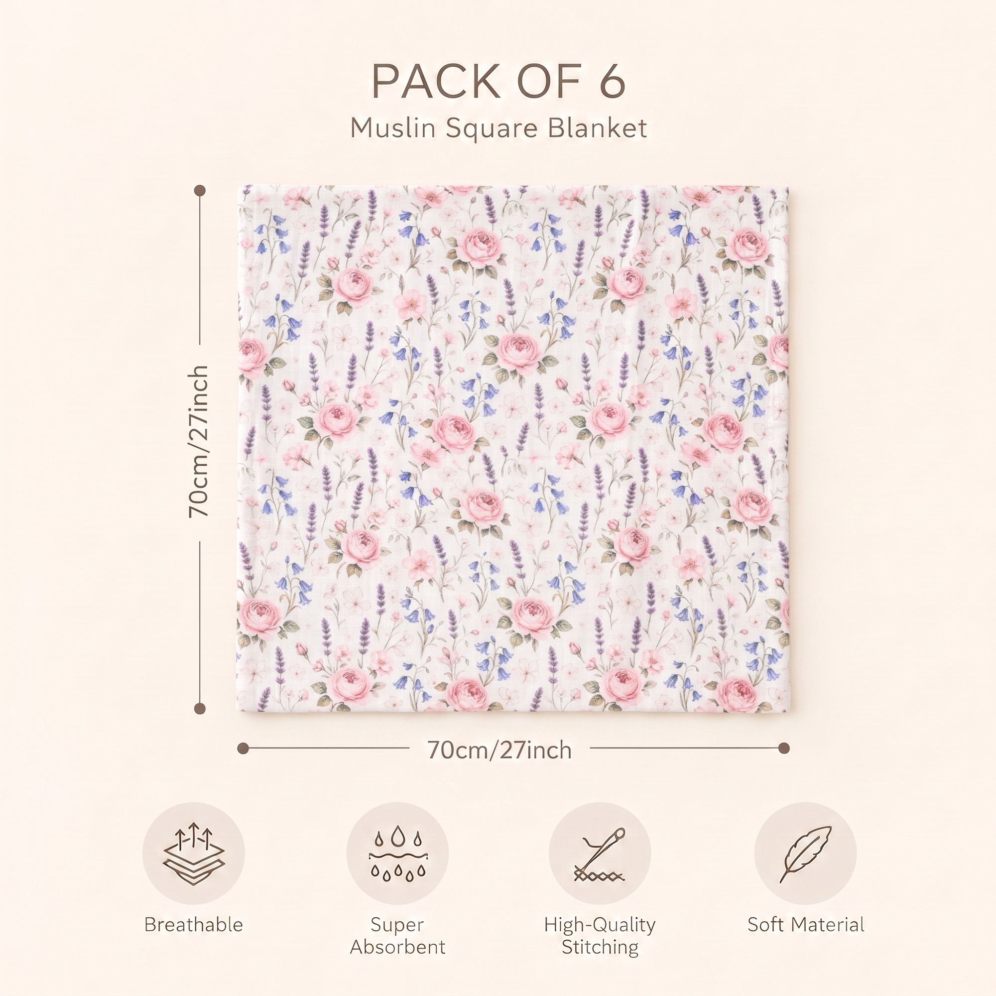 Muslin Swaddle Blankets 6-Pack | 27x27" | Blush Rose Manor