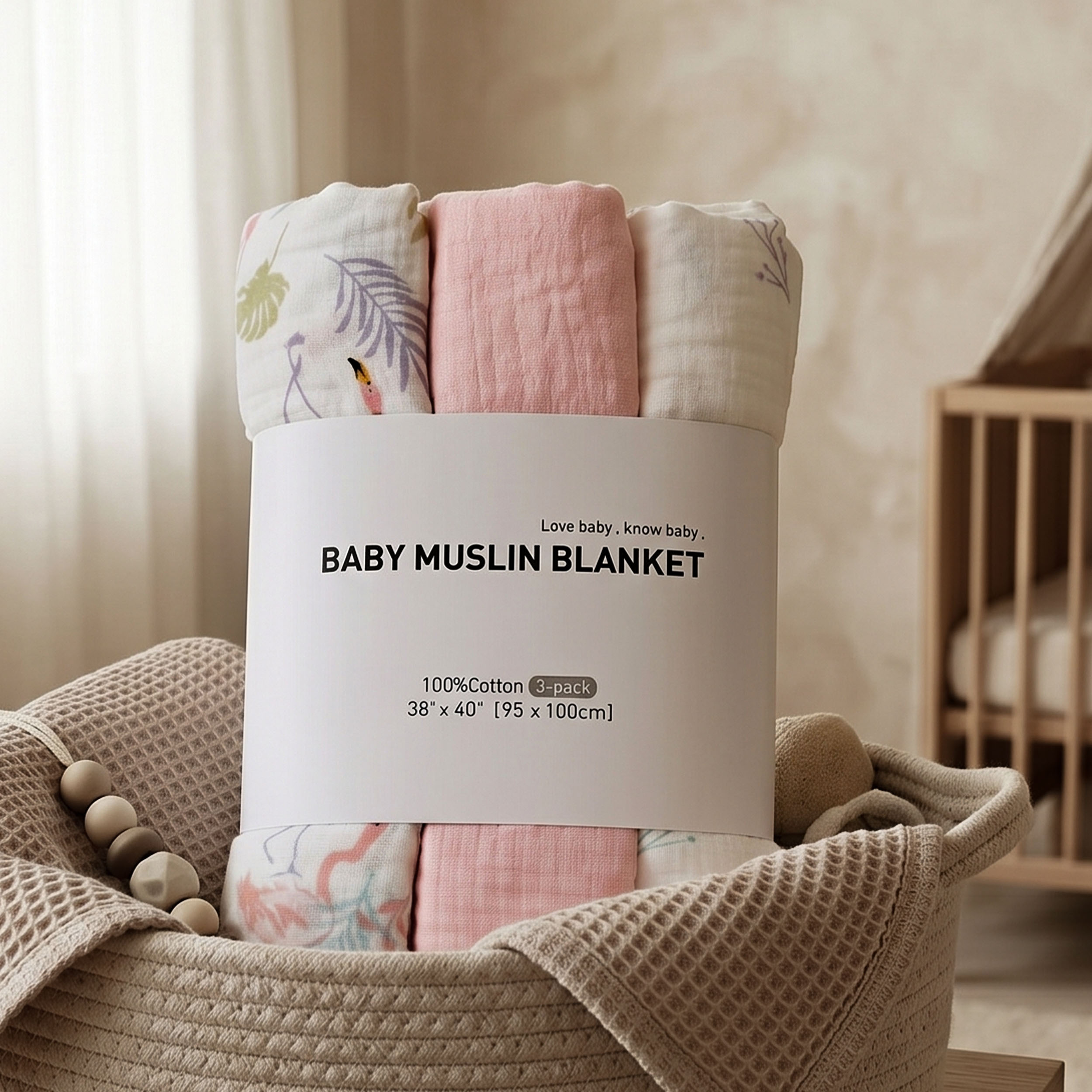 Muslin Swaddle Blankets 3-Pack | 38"x40" | Pink Flamingo Palm