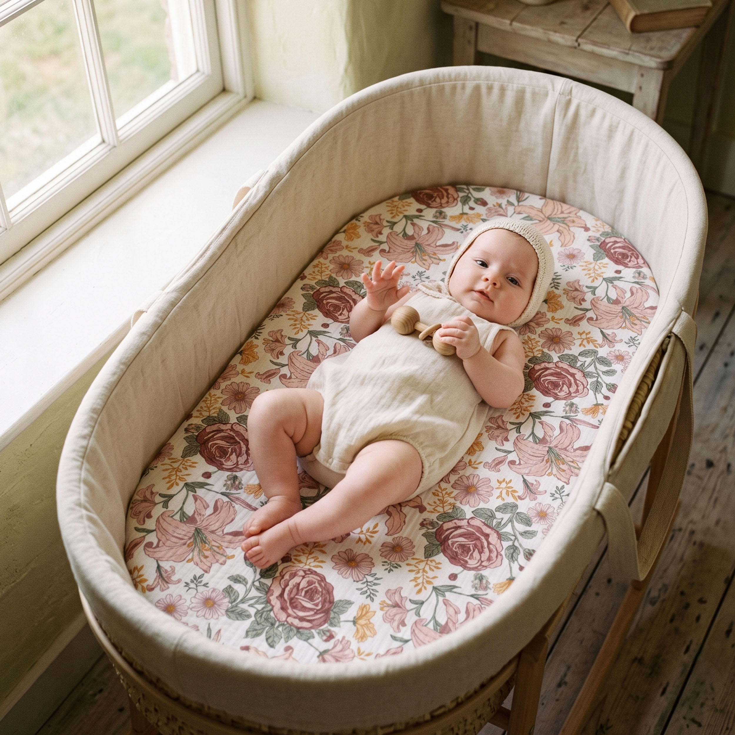 Vintage Petal Serenade | Muslin Bassinet Sheets 3-Pack | 33''*17''