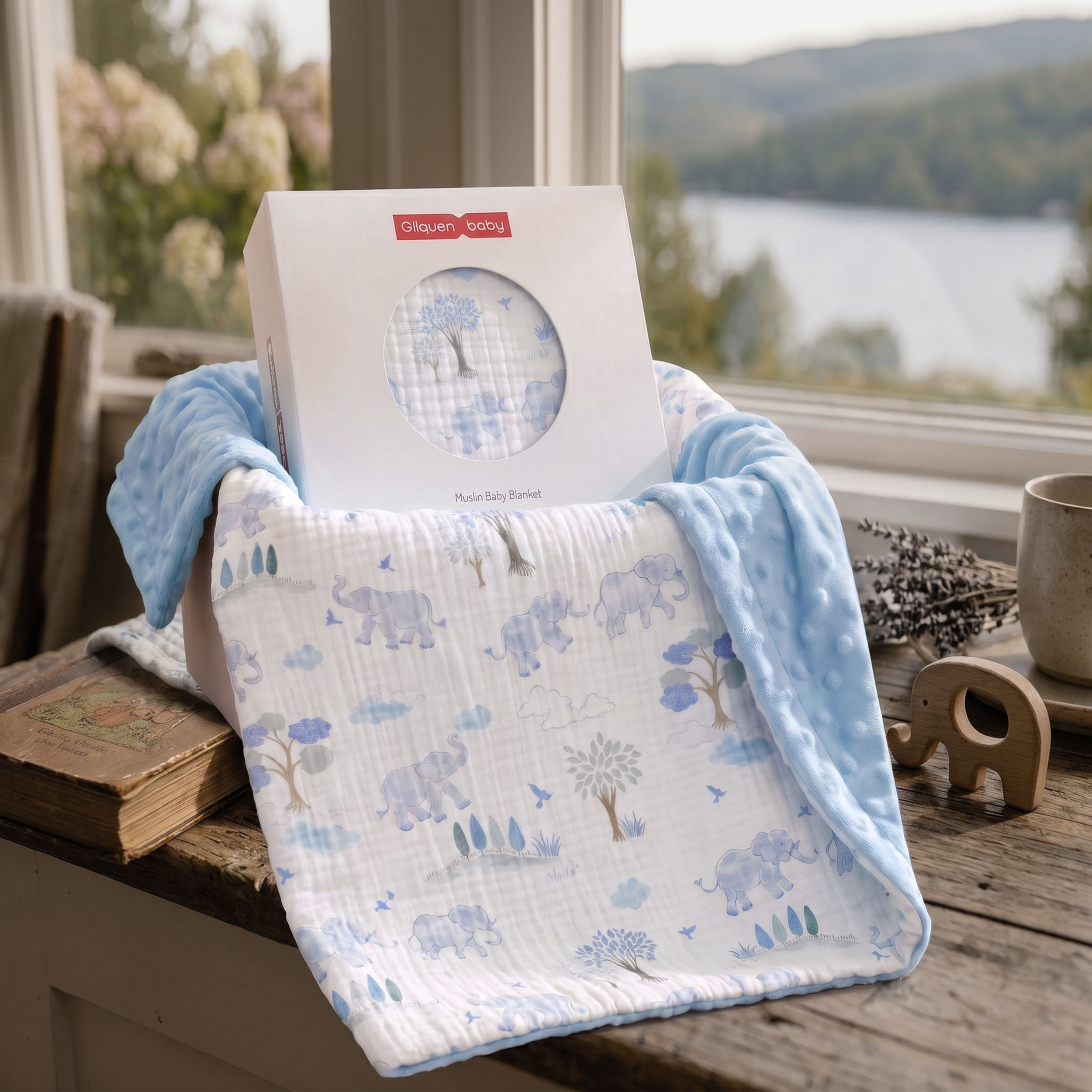 Blue Elephant Safari | Muslin and Fleece Plush Dot Blanket | 30''*40''