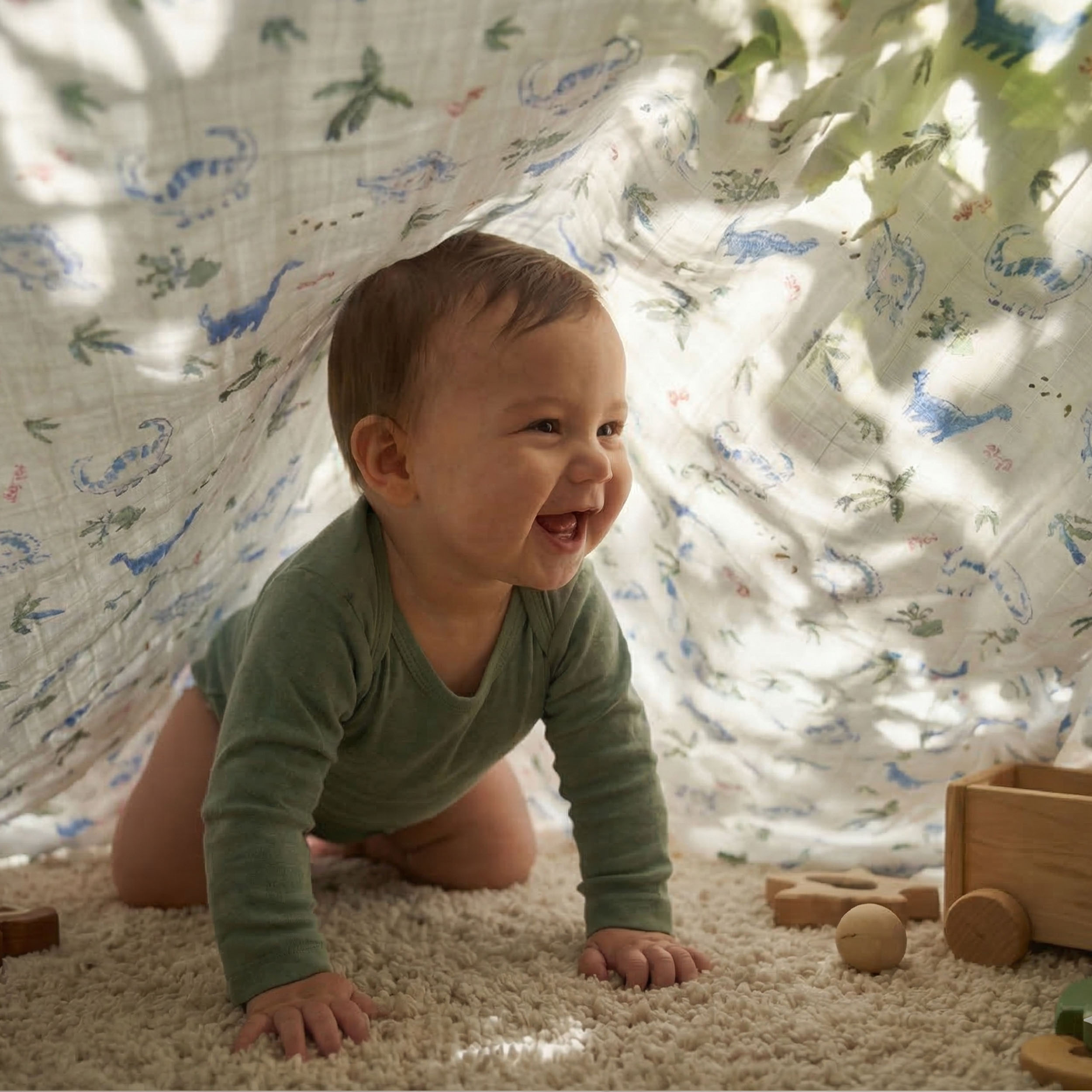 Muslin Swaddle Blankets 4-Pack | 35"x40" | Little Dino's Blue Forest