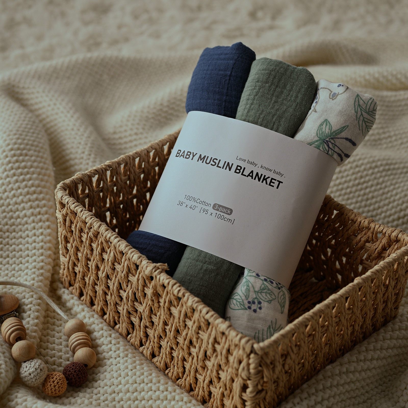 Muslin Swaddle Blankets 3-Pack, 38"x40" - Perky Fawn