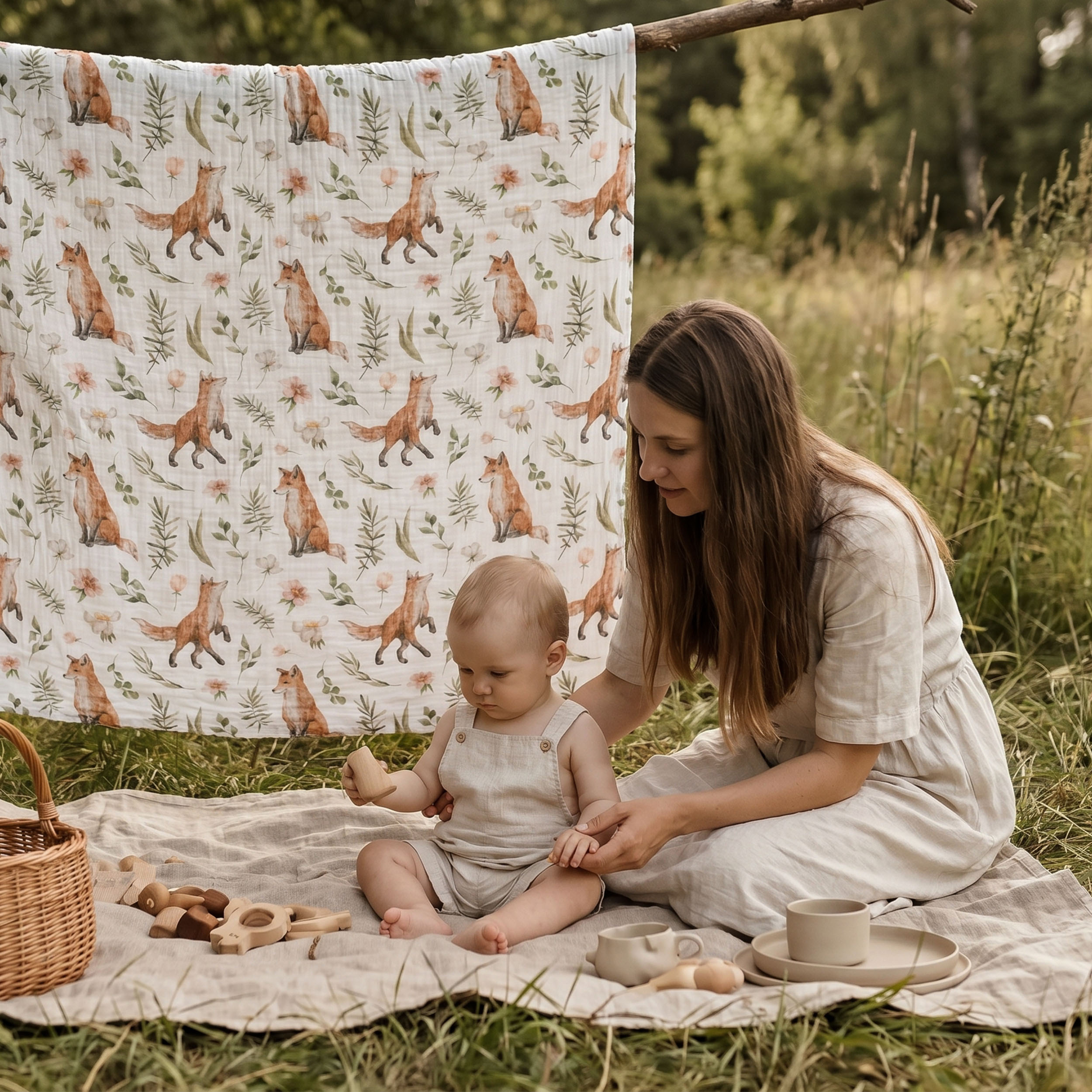 Muslin Swaddle Blankets 4-Pack | 38"x40" | Forest Fox Meadow