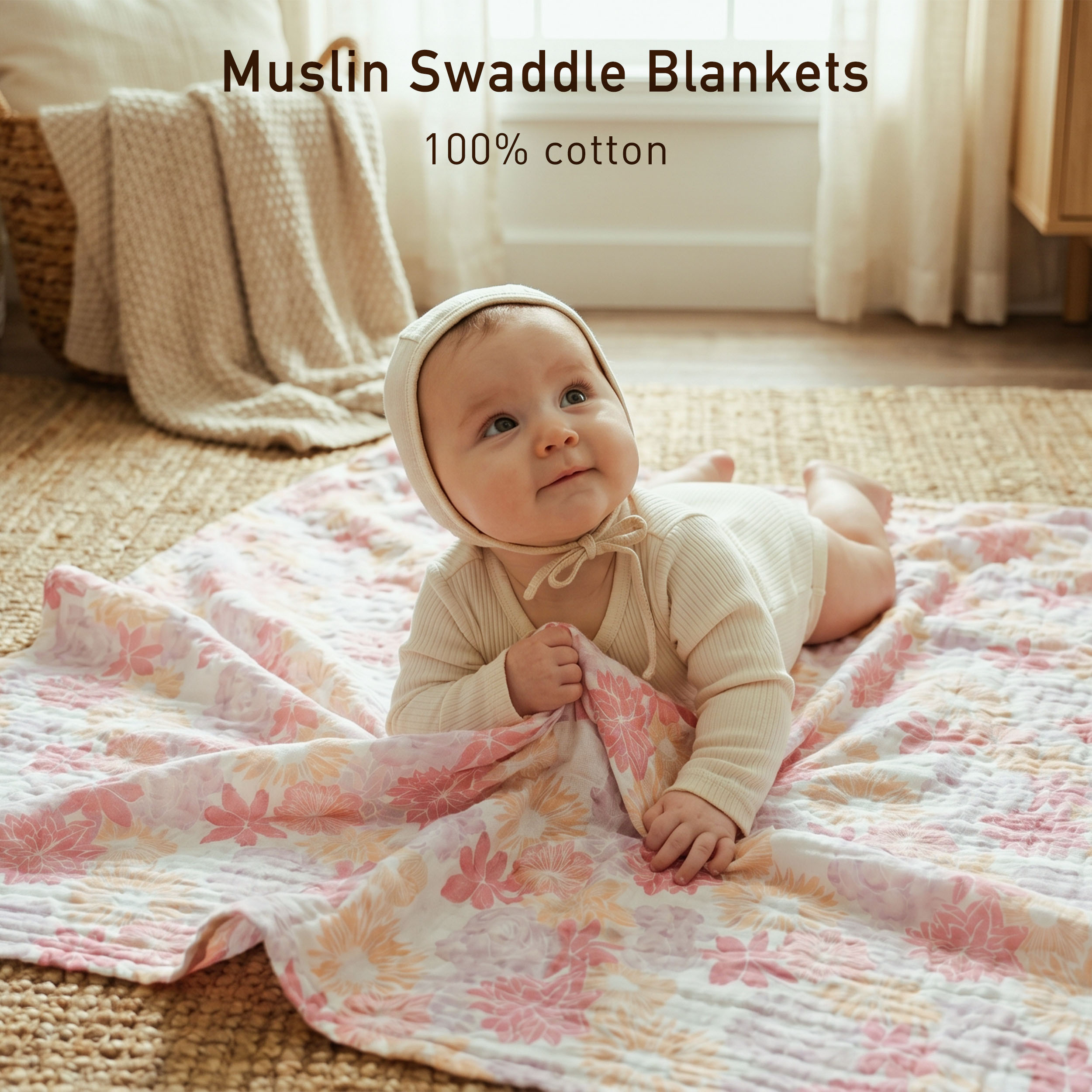 Muslin Swaddle Blankets 3-Pack | 38"x40" | Vintage Floral Bloom