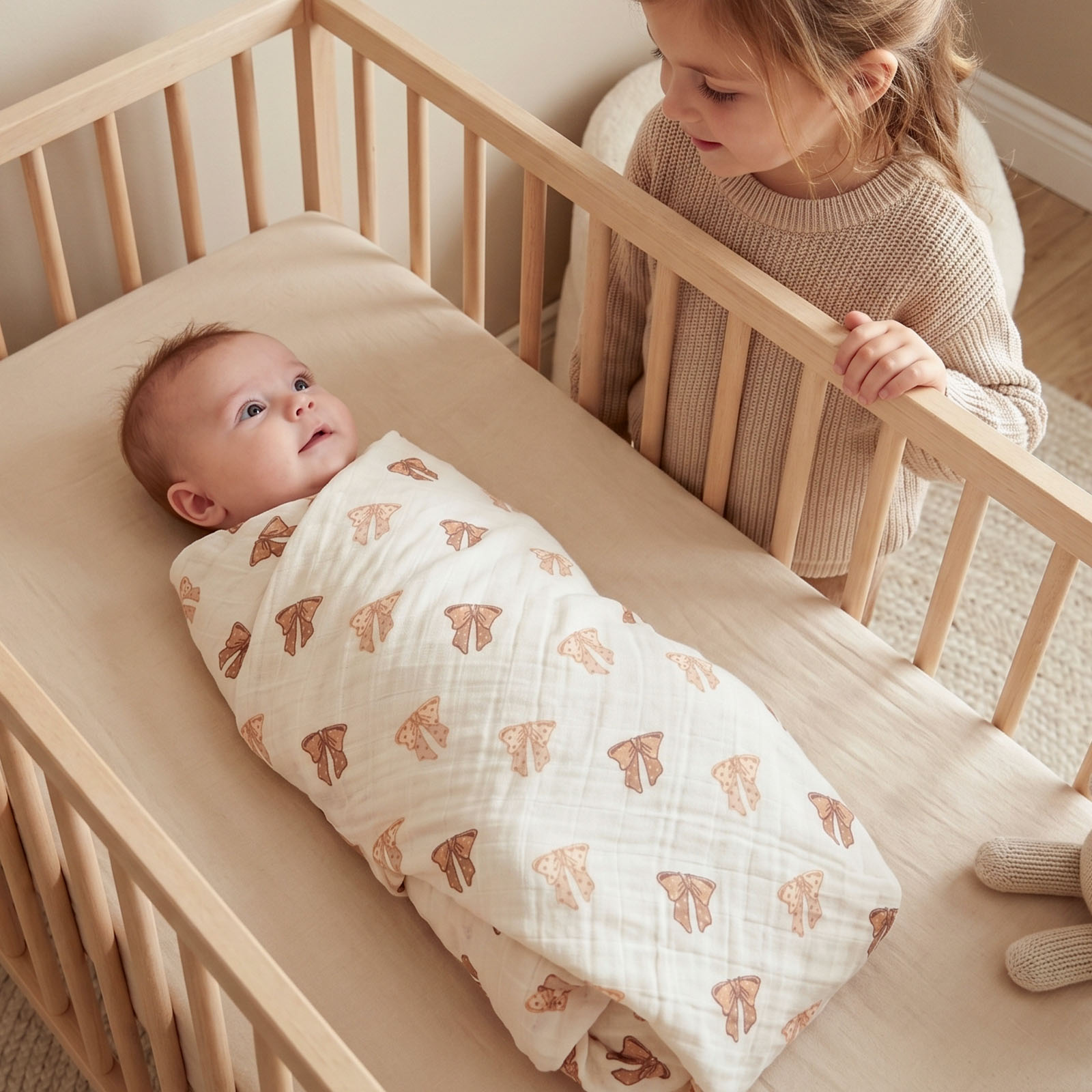 Muslin Swaddle Blankets 4-Pack | 31.5x43.3" | Creamy Ribbon Teddy