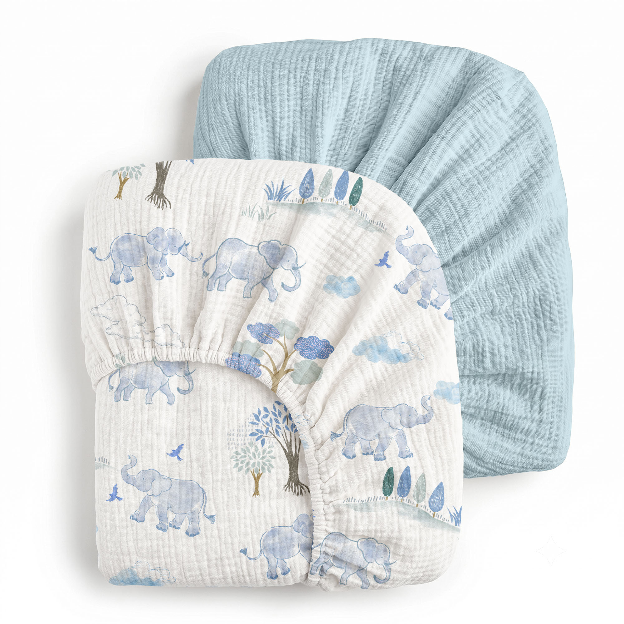 Blue Elephant Safari | Muslin Crib Sheets 2-Pack | 52''*28''