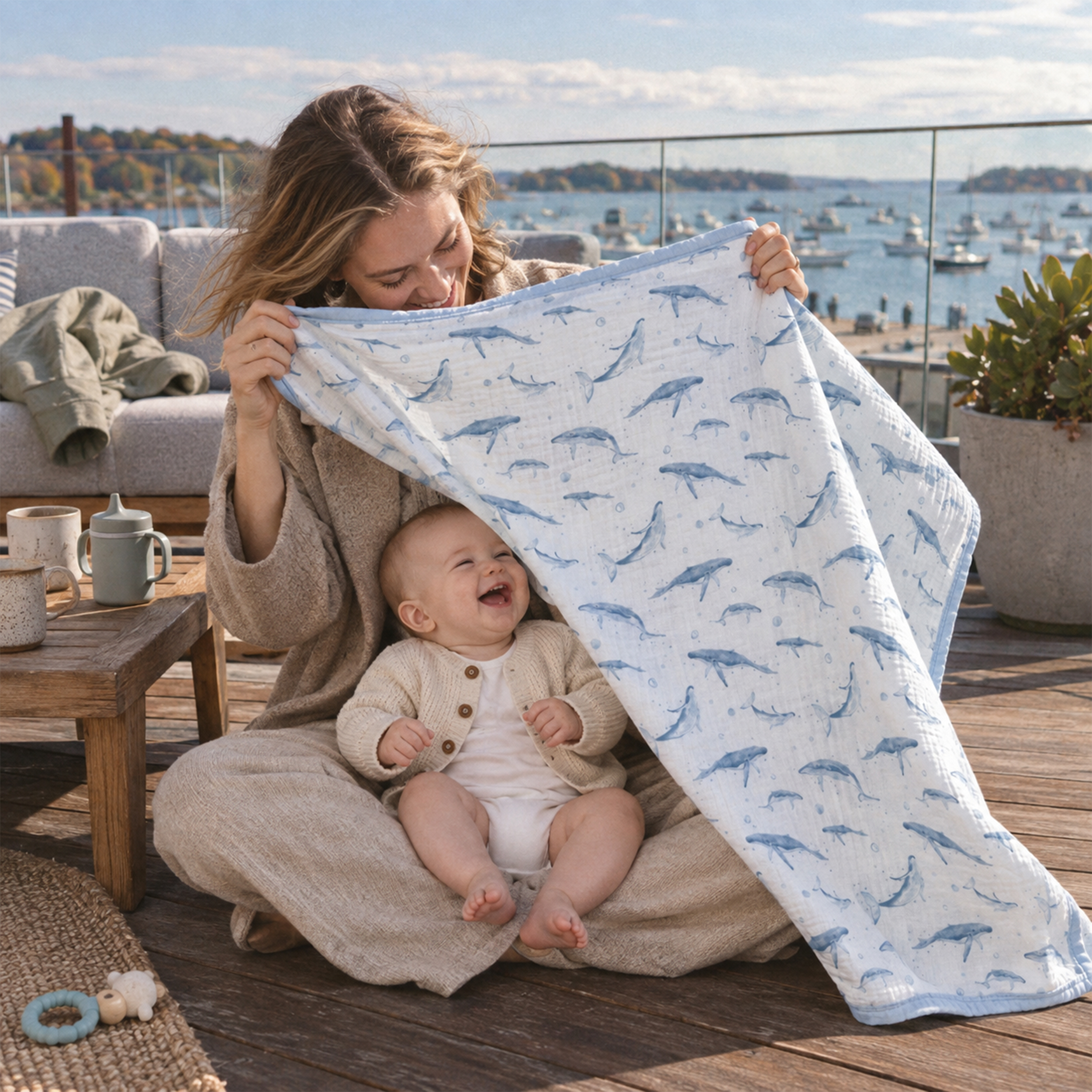 Muslin Swaddle Blankets 1-Pack | 31.5x43.3" | Blue Whale Splash