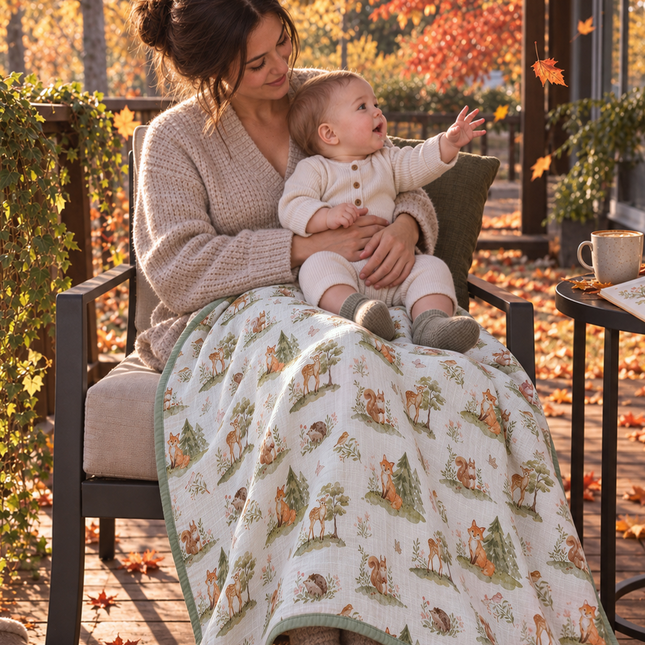 Muslin Swaddle Blankets 1-Pack | 31.5x43.3" | Green Forest Fox