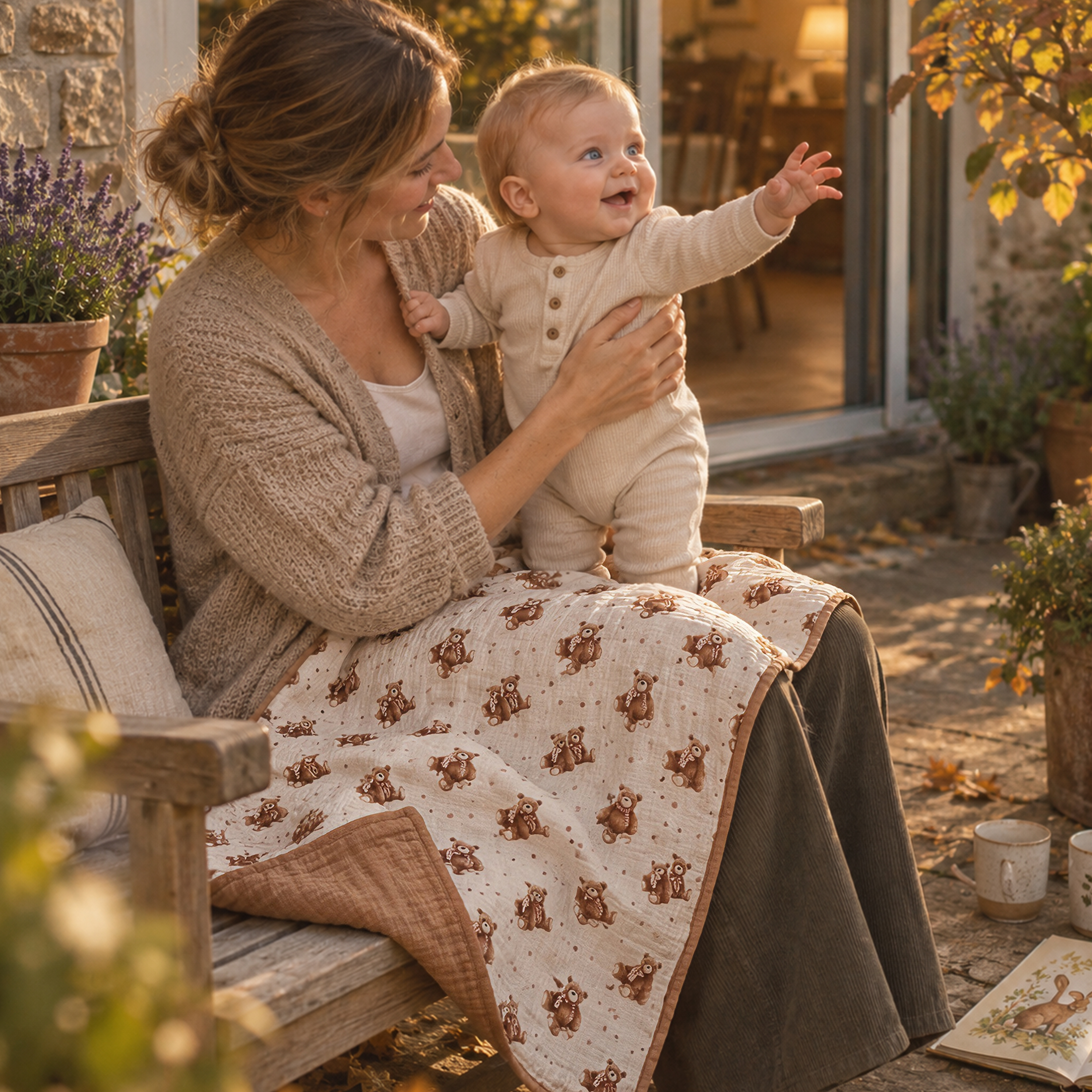 Muslin Swaddle Blankets 1-Pack | 31.5x43.3" | Creamy Ribbon Teddy