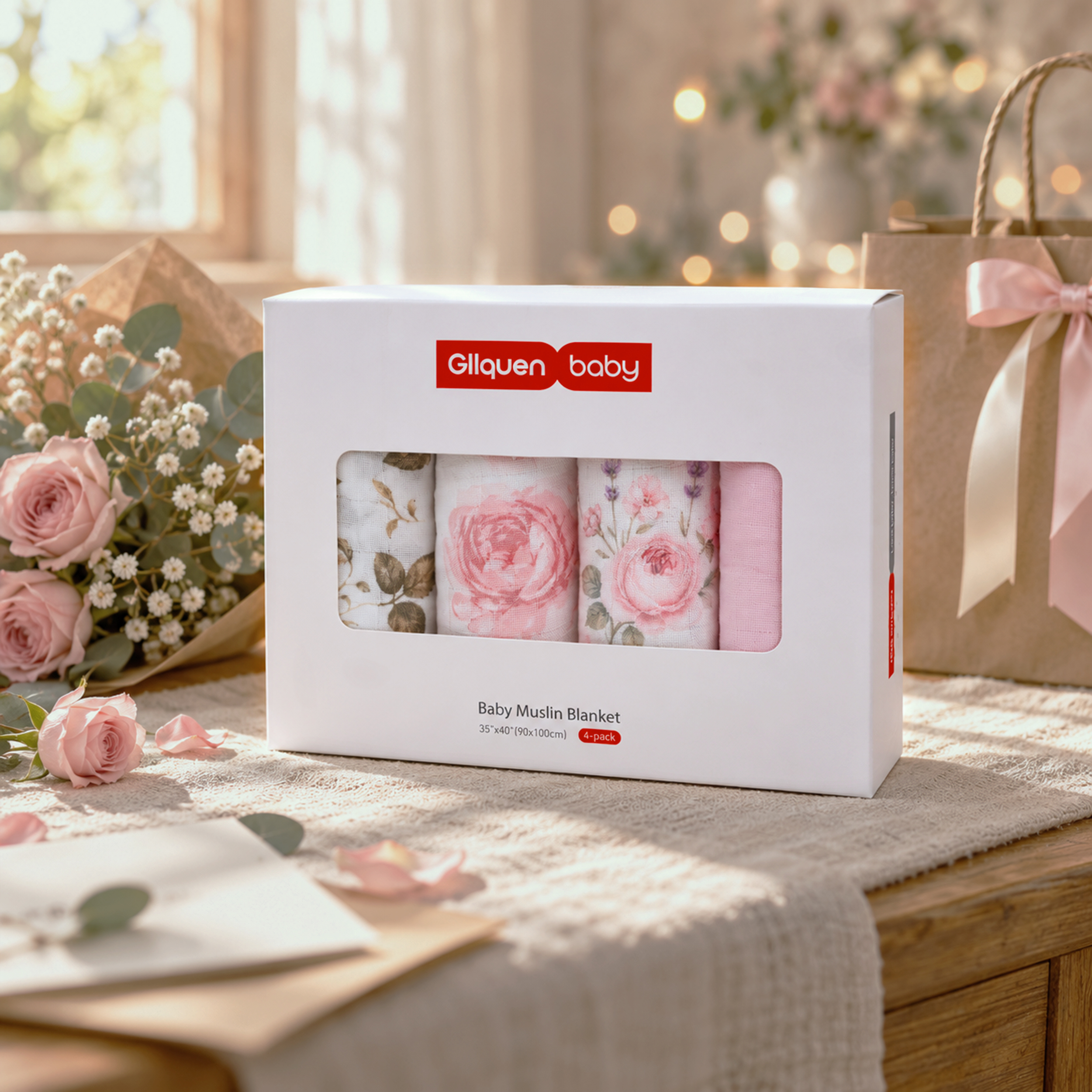 Muslin Swaddle Blankets 4-Pack | 35"x40" | Blush Rose Manor