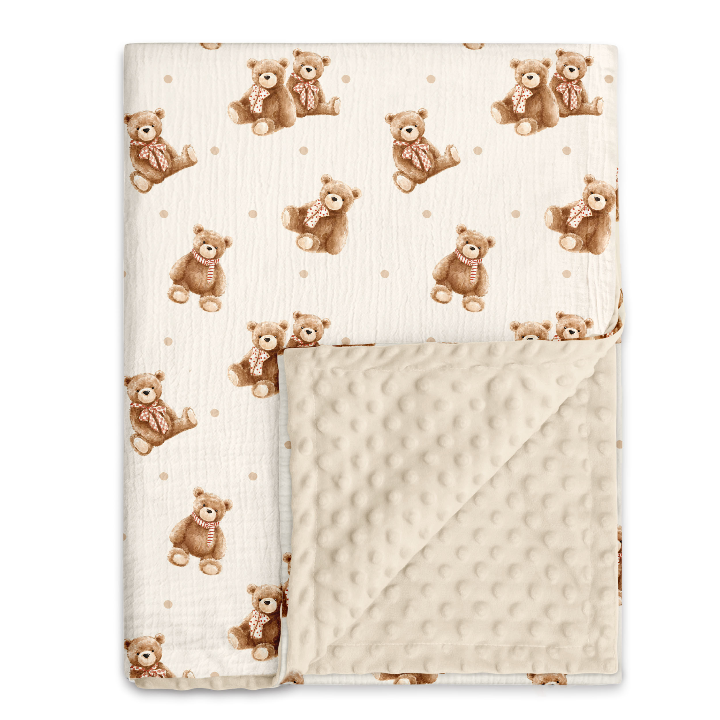 Creamy Ribbon Teddy | Muslin and Fleece Plush Dot Blanket | 30''*40''