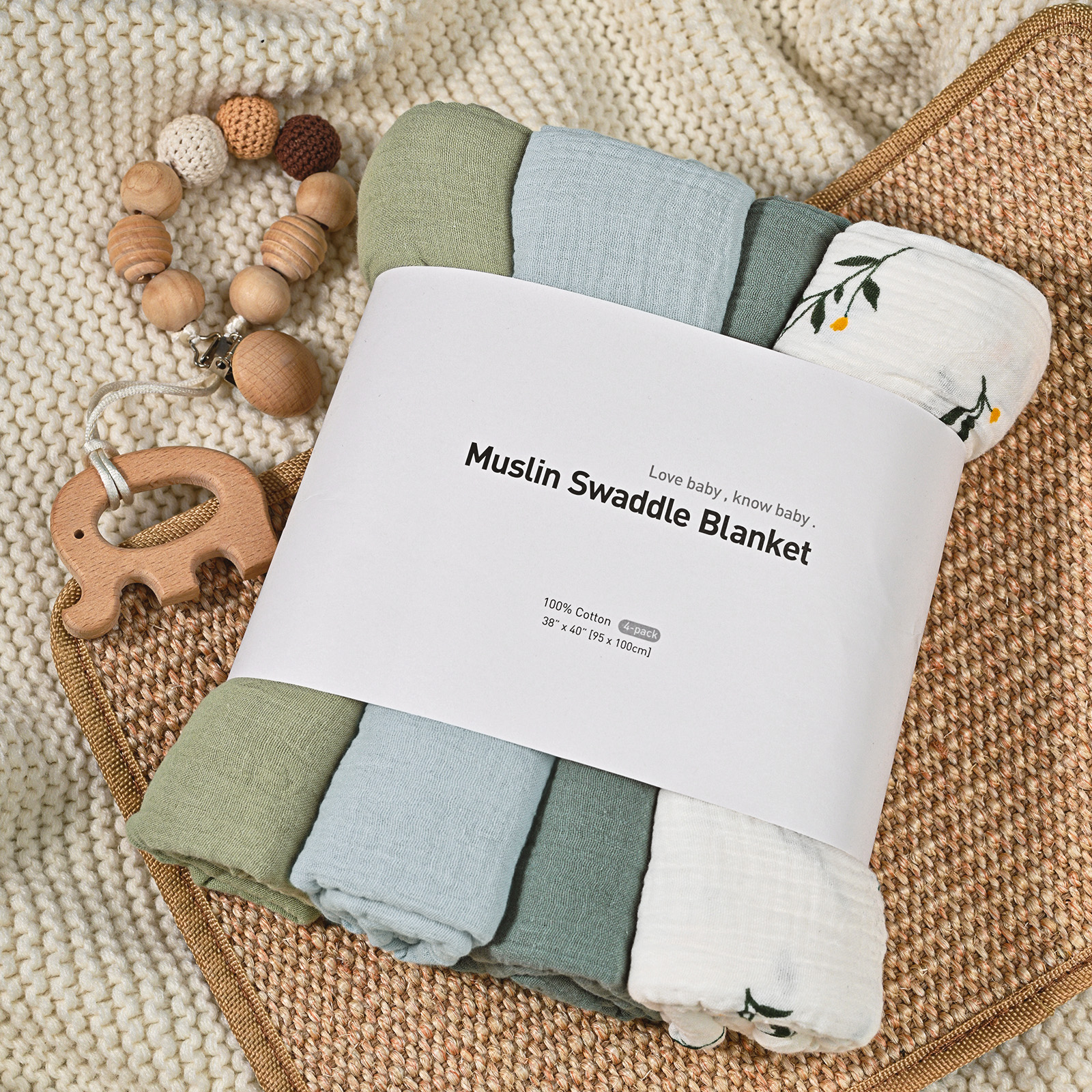 Muslin Swaddle Blankets 4-Pack, 38"x40" - Bud