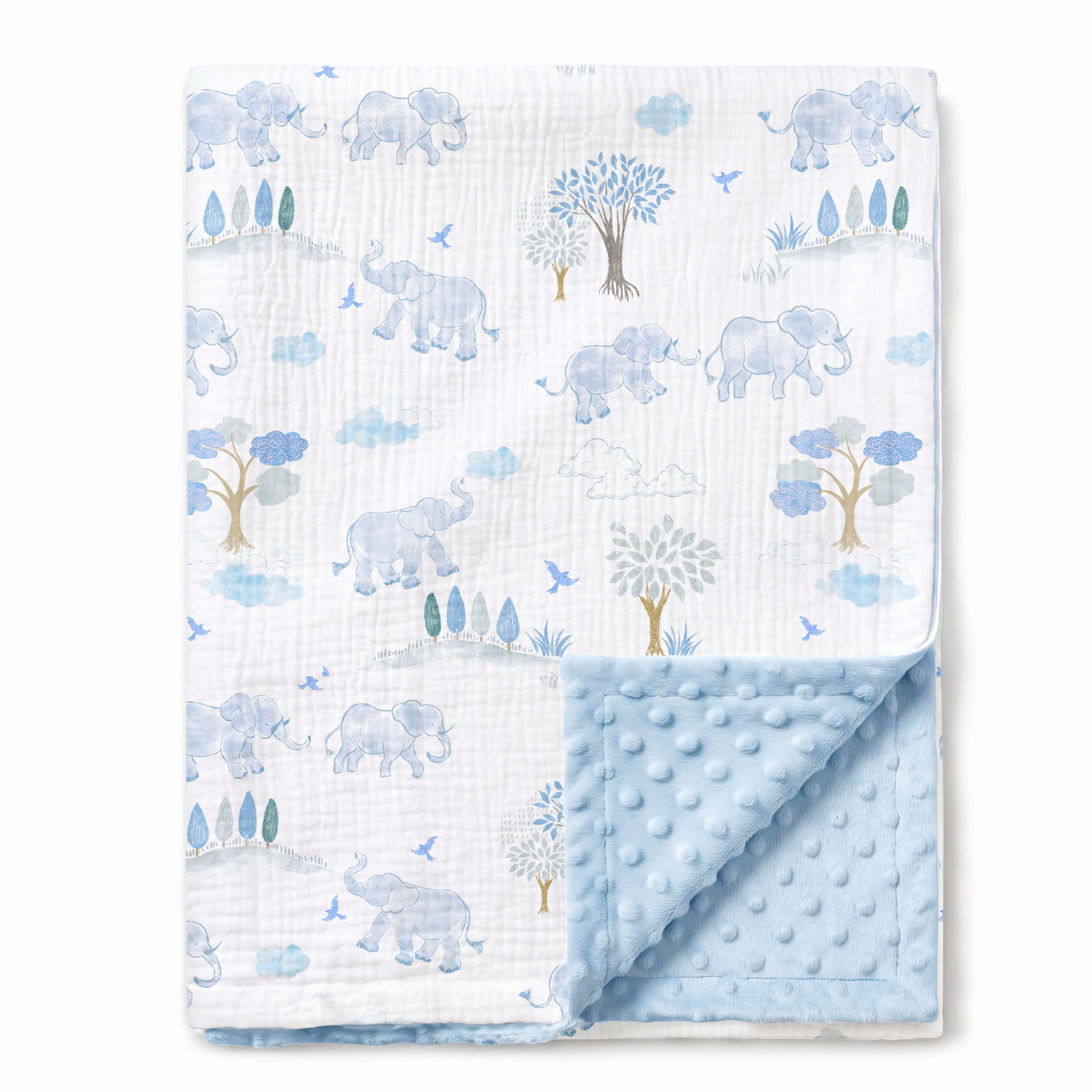Blue Elephant Safari | Muslin and Fleece Plush Dot Blanket | 30''*40''