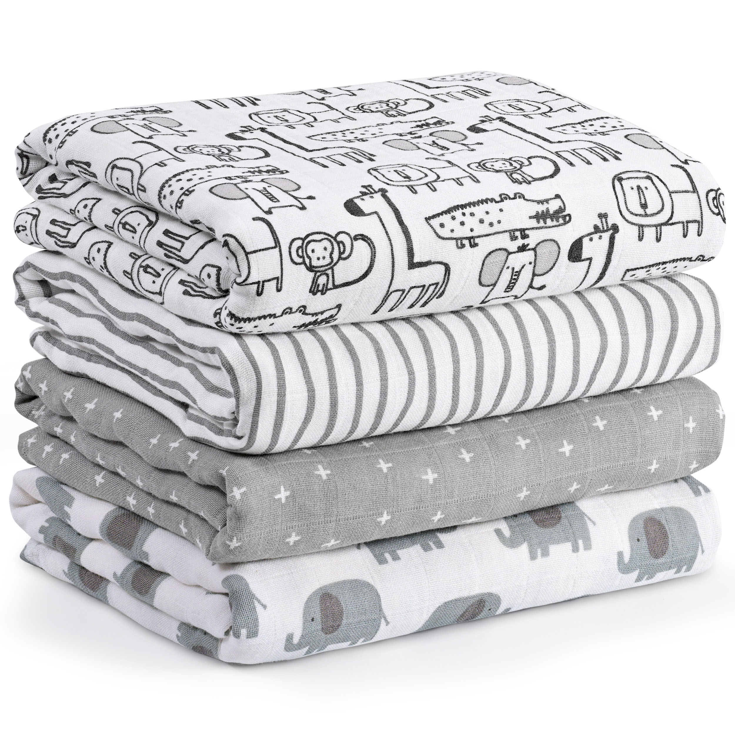 Muslin Swaddle Blankets 4-Pack | 31.5x43.3" | Grey Safari