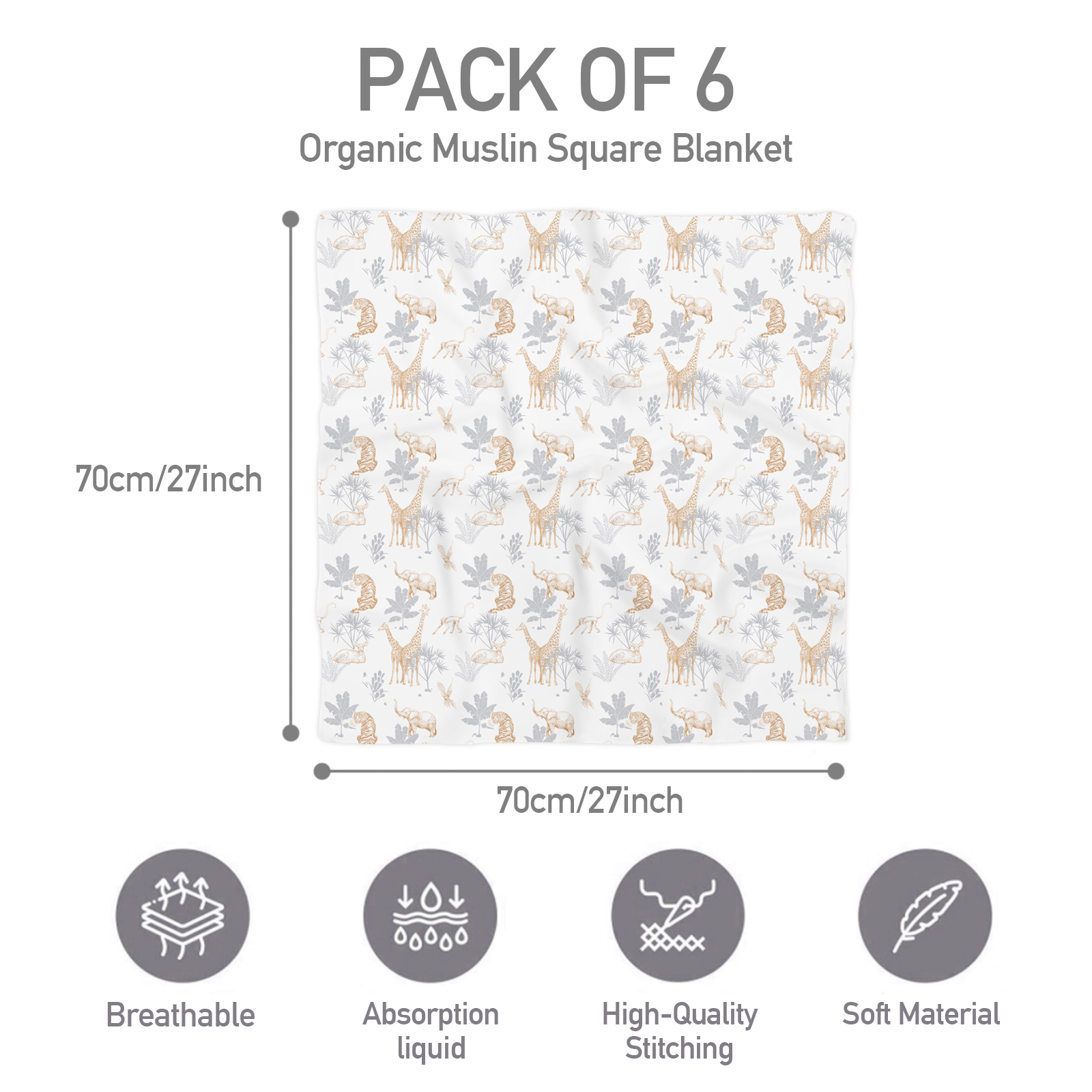 Muslin Swaddle Blankets 6-Pack, 28 X 28" - Tropical Animals