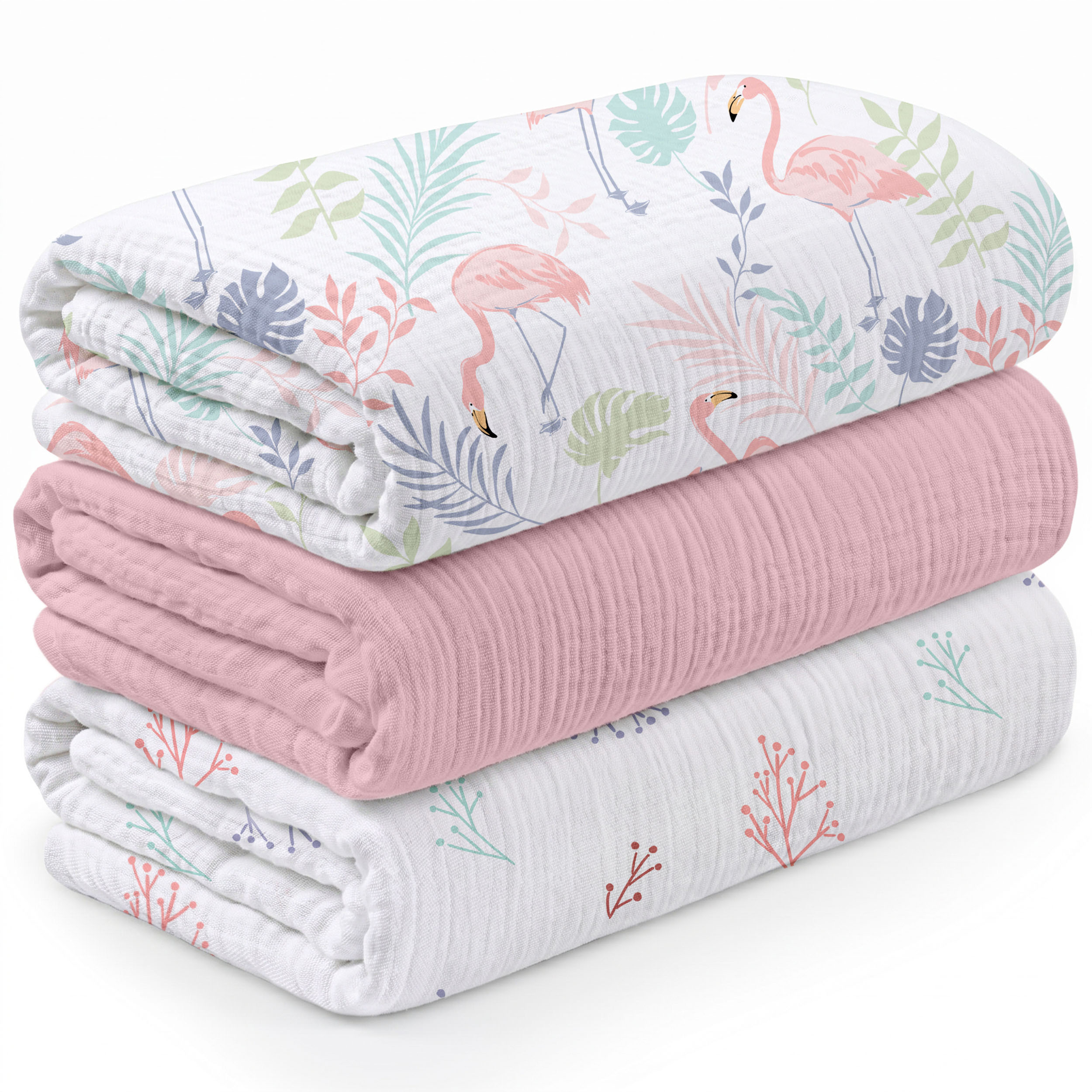 Muslin Swaddle Blankets 3-Pack | 38"x40" | Pink Flamingo Palm