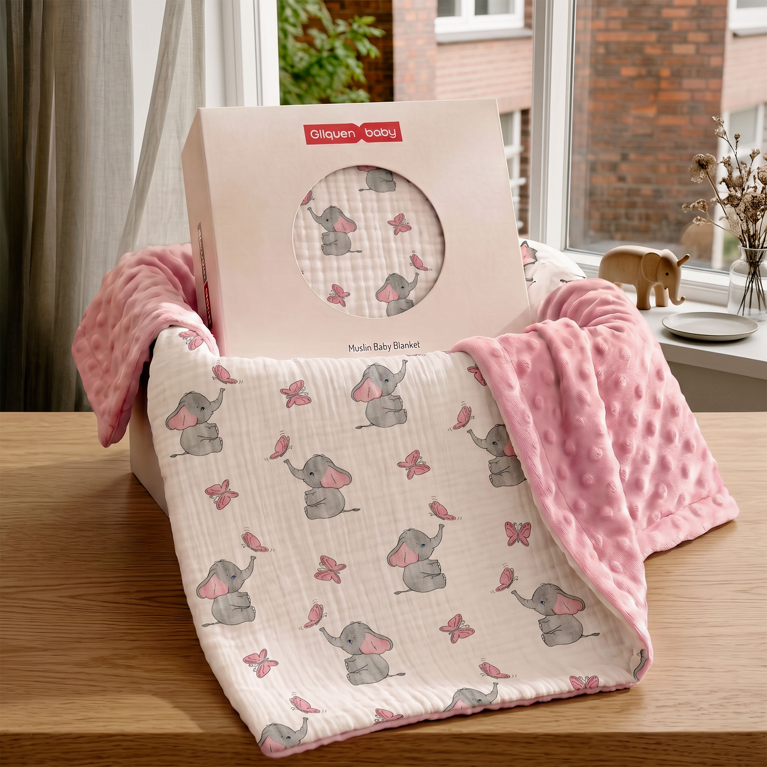 Dusty Elephant Flutter | Muslin and Fleece Plush Dot Blanket | 30''*40''