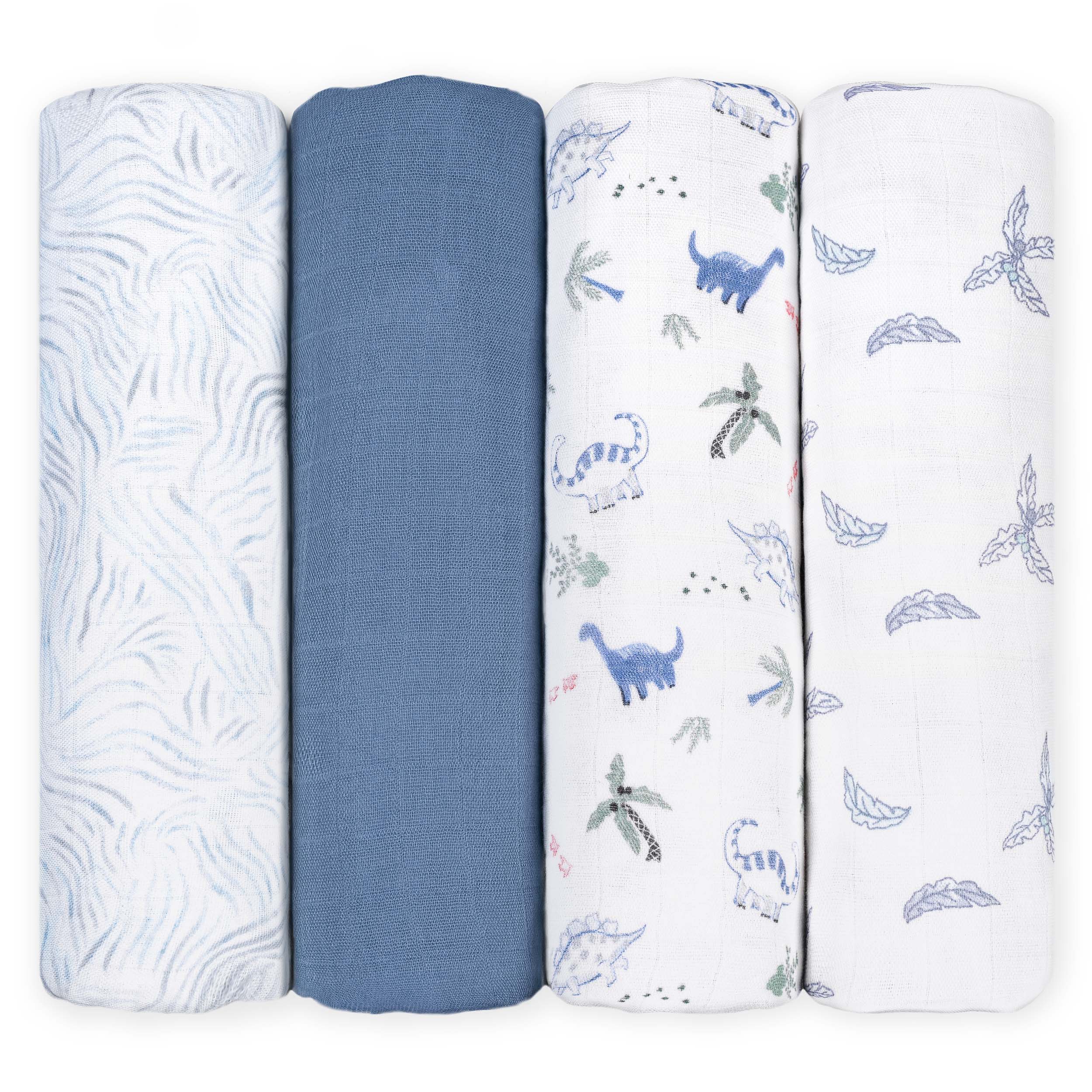 Muslin Swaddle Blankets 4-Pack | 35"x40" | Little Dino's Blue Forest