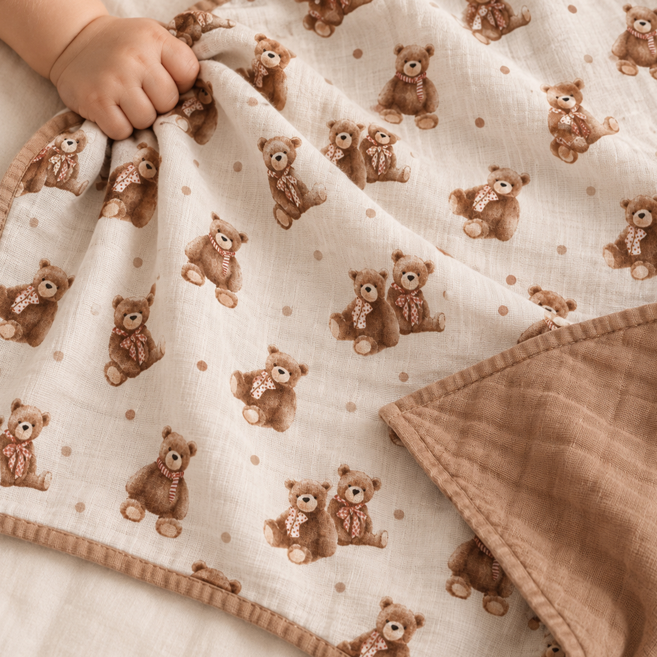 Muslin Swaddle Blankets 1-Pack | 31.5x43.3" | Creamy Ribbon Teddy