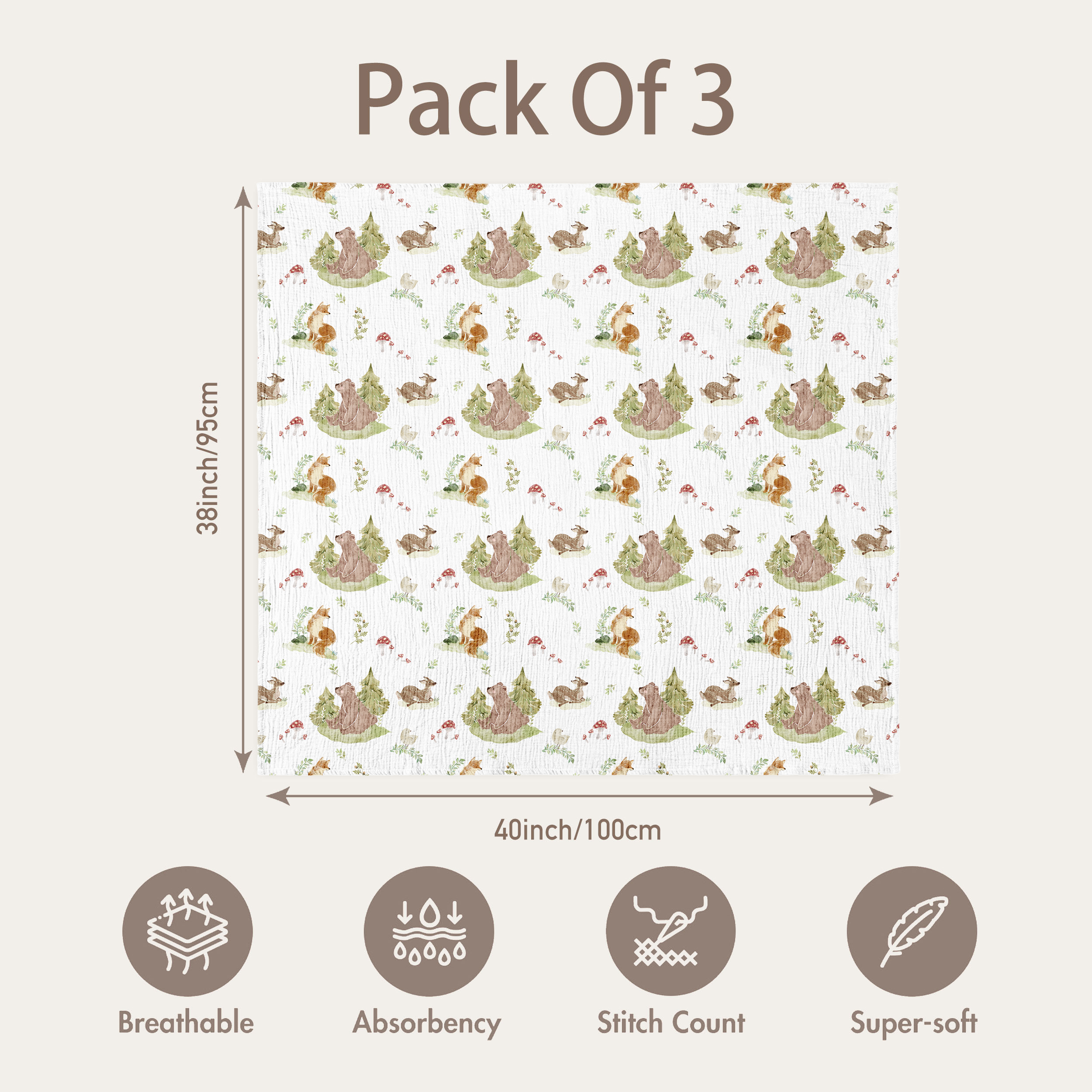 Muslin Swaddle Blankets 3-Pack | 38"x40" | Fern & Woodland Pals