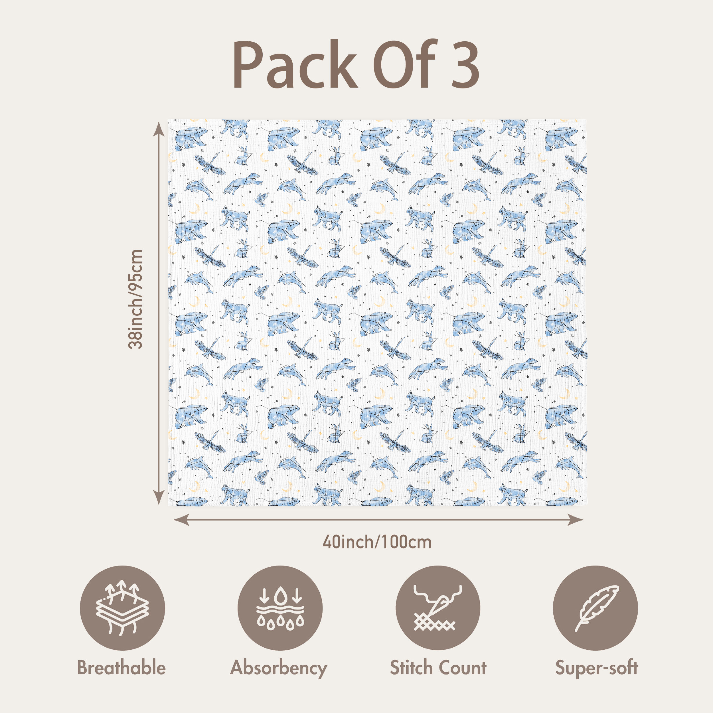 Muslin Swaddle Blankets 3-Pack | 38"x40" | Blue Star & Bear