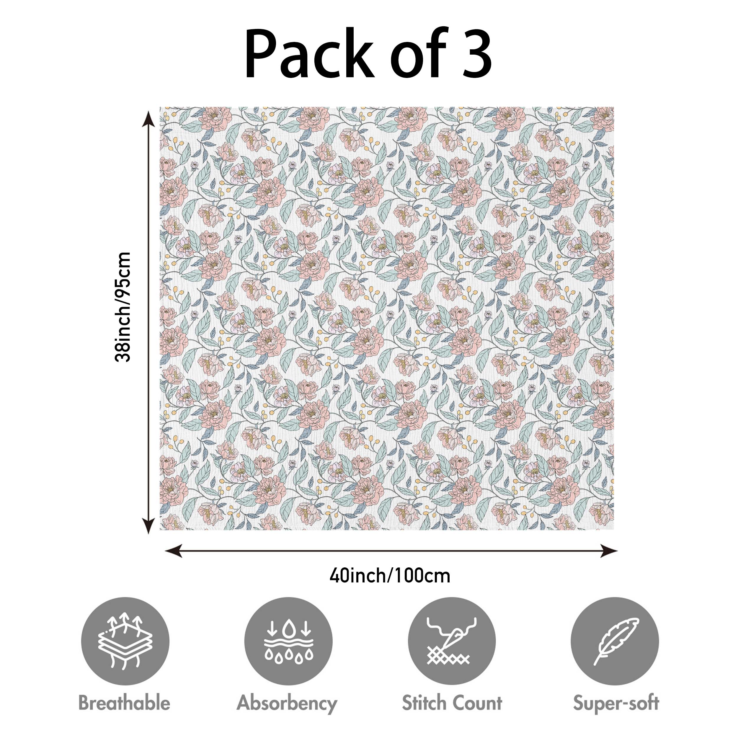 Muslin Swaddle Blankets 3-Pack | 38"x40" | Floral Fantasy