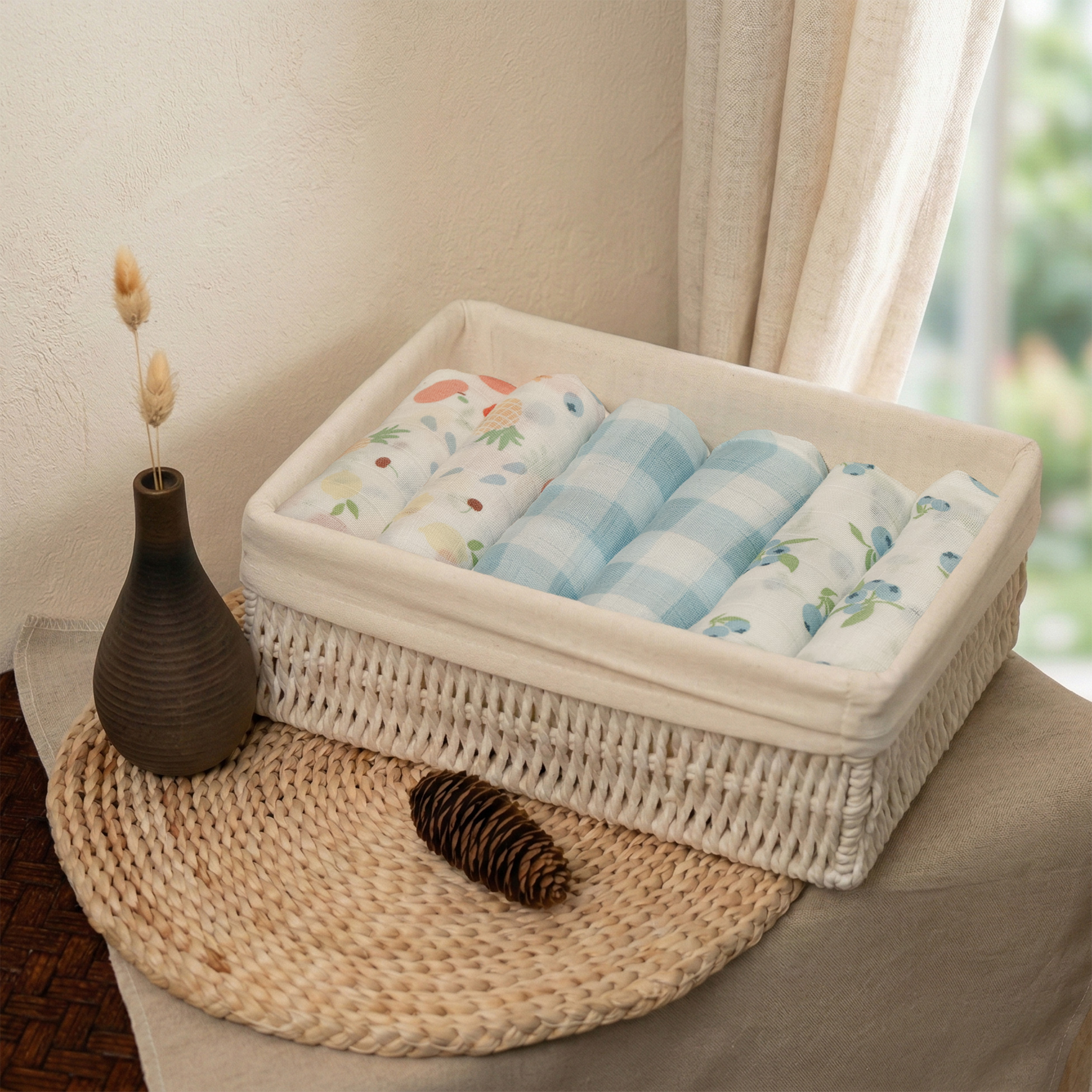 Muslin Swaddle Blankets 6-Pack | 27x27" | Azure Berry Dream